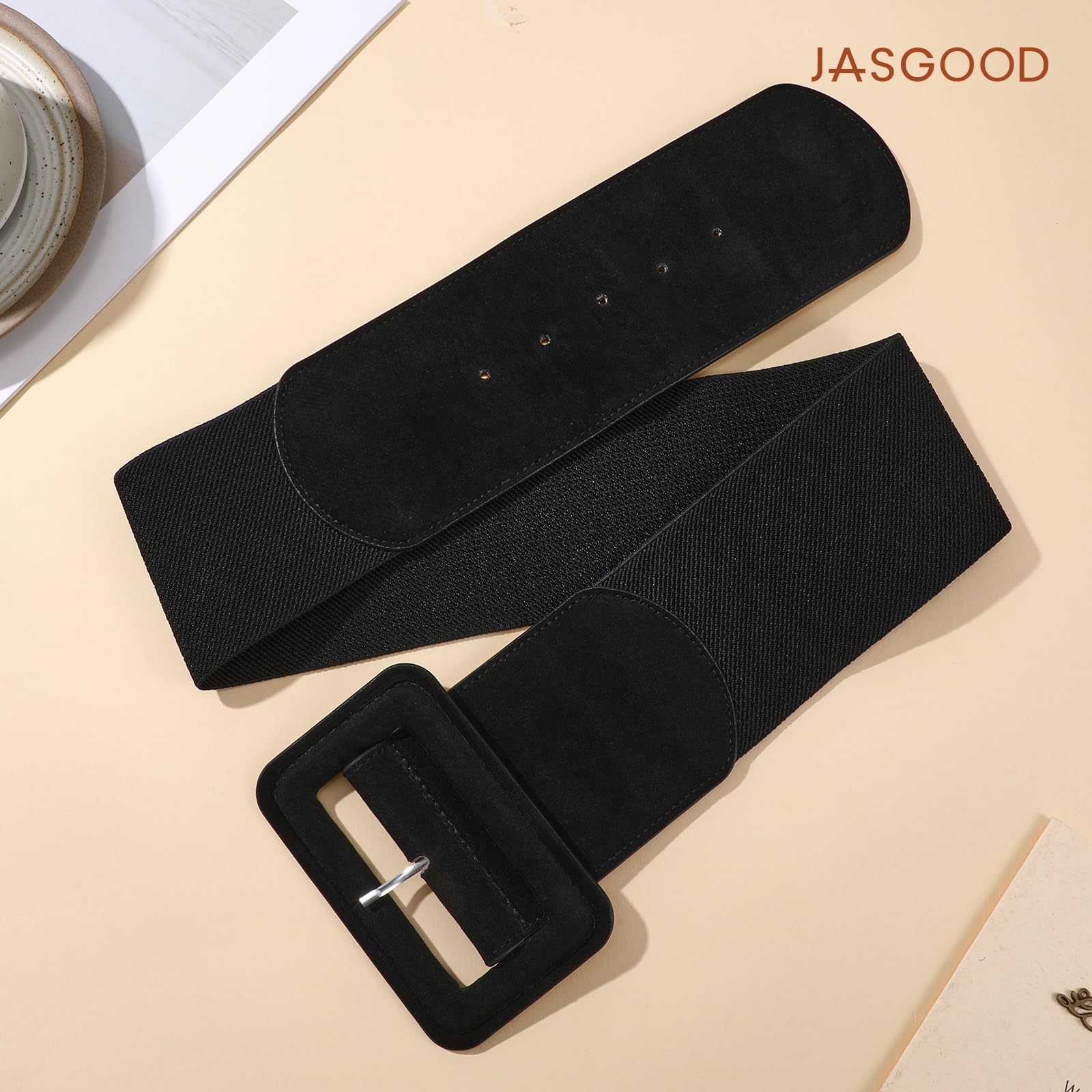 Elastic Suede Wide Belt with Vintage Chunky Square Buckle