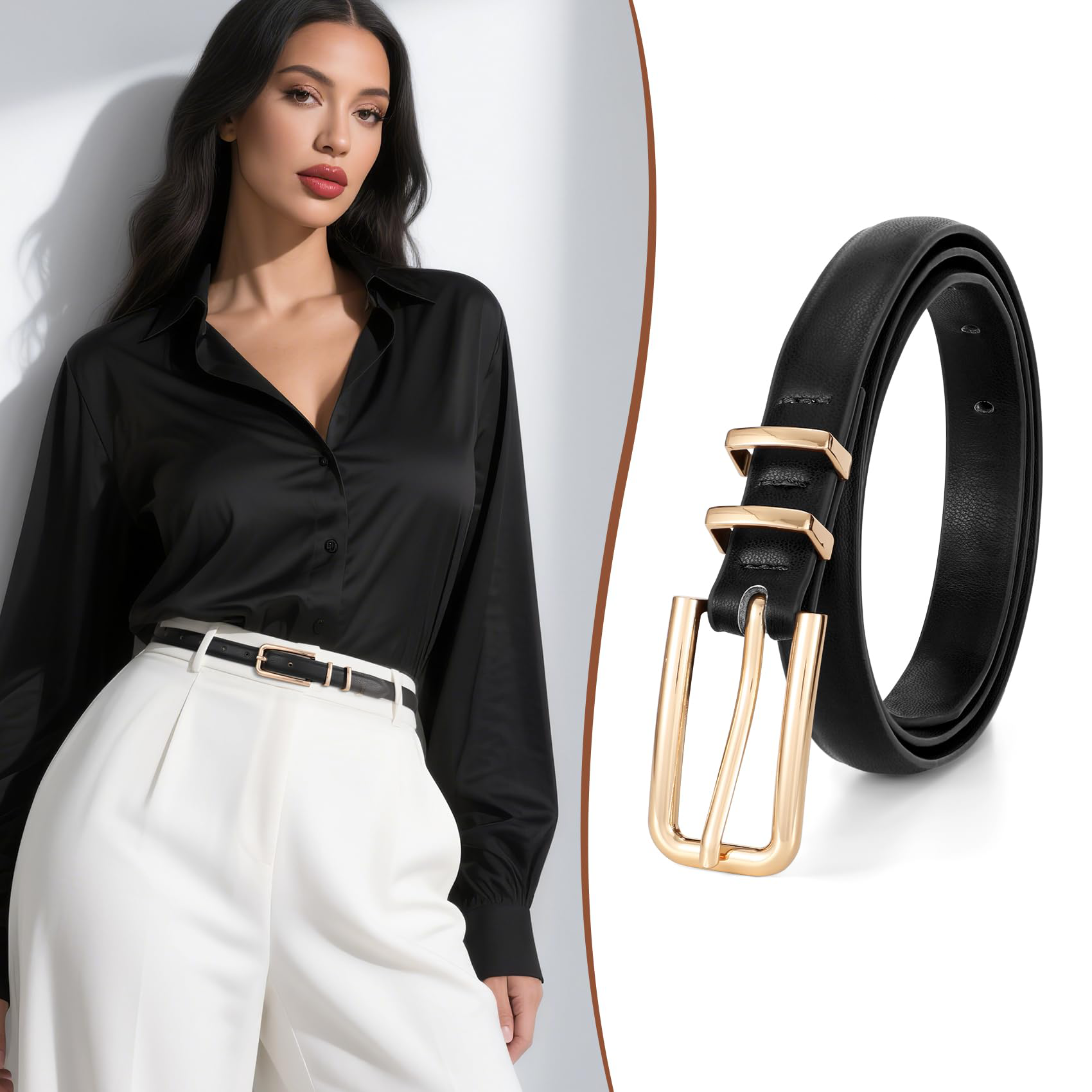 Thin Waist Belt with Square Gold Buckle