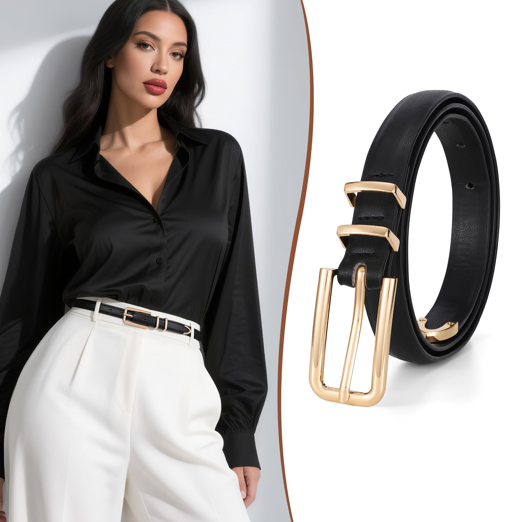 Thin Waist Belt with Square Gold Buckle