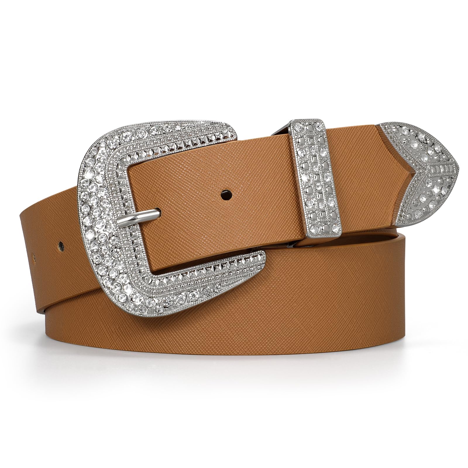 Leather Belts with Rhinestone Silver Buckle