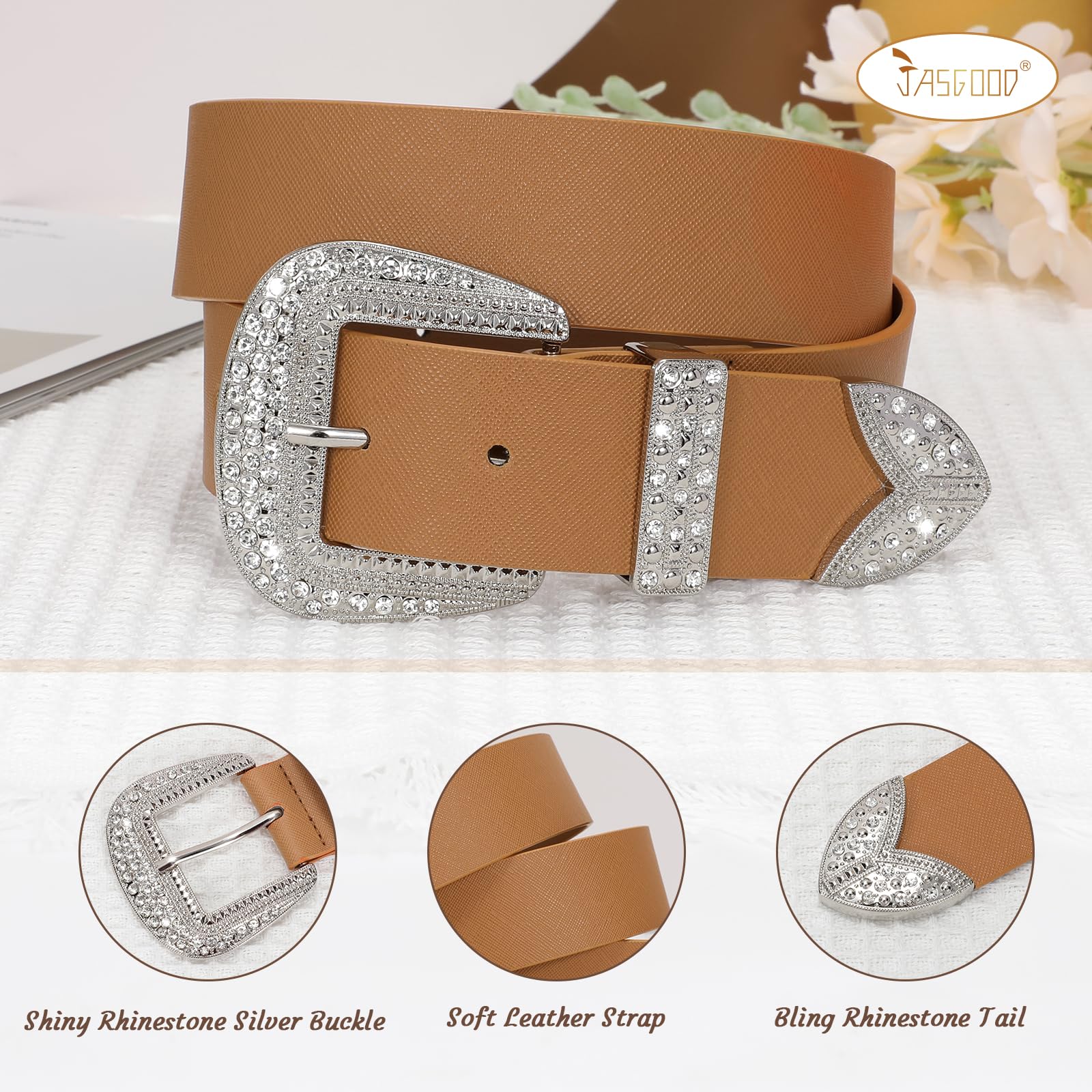 Leather Belts with Rhinestone Silver Buckle