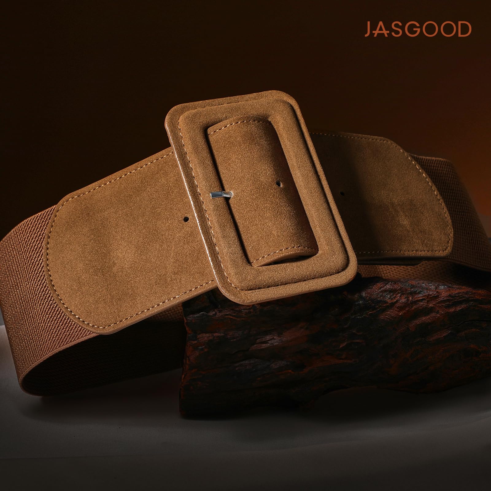 Elastic Suede Wide Belt with Vintage Chunky Square Buckle