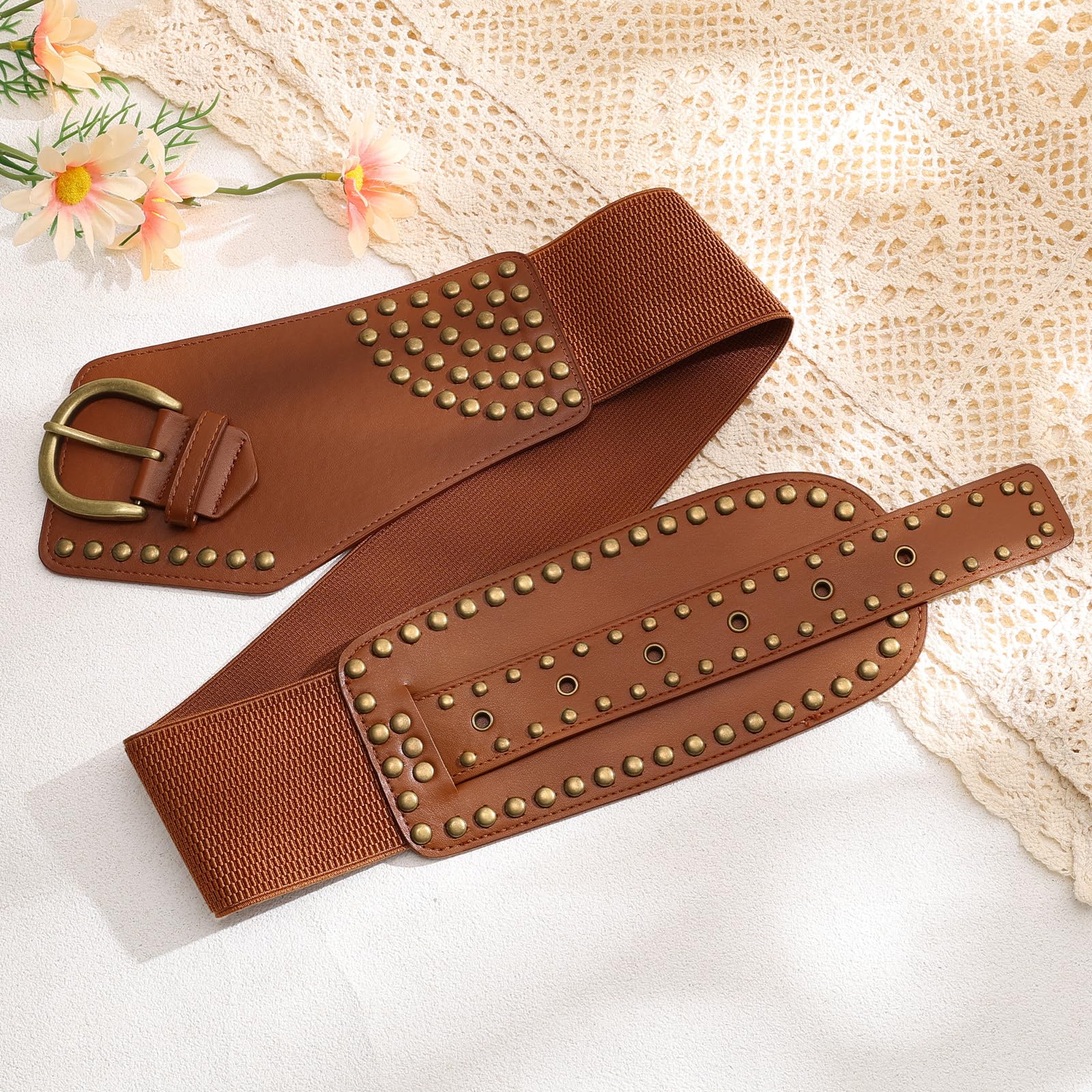 Stretchy Waist Belt with Rivets Metal Buckle