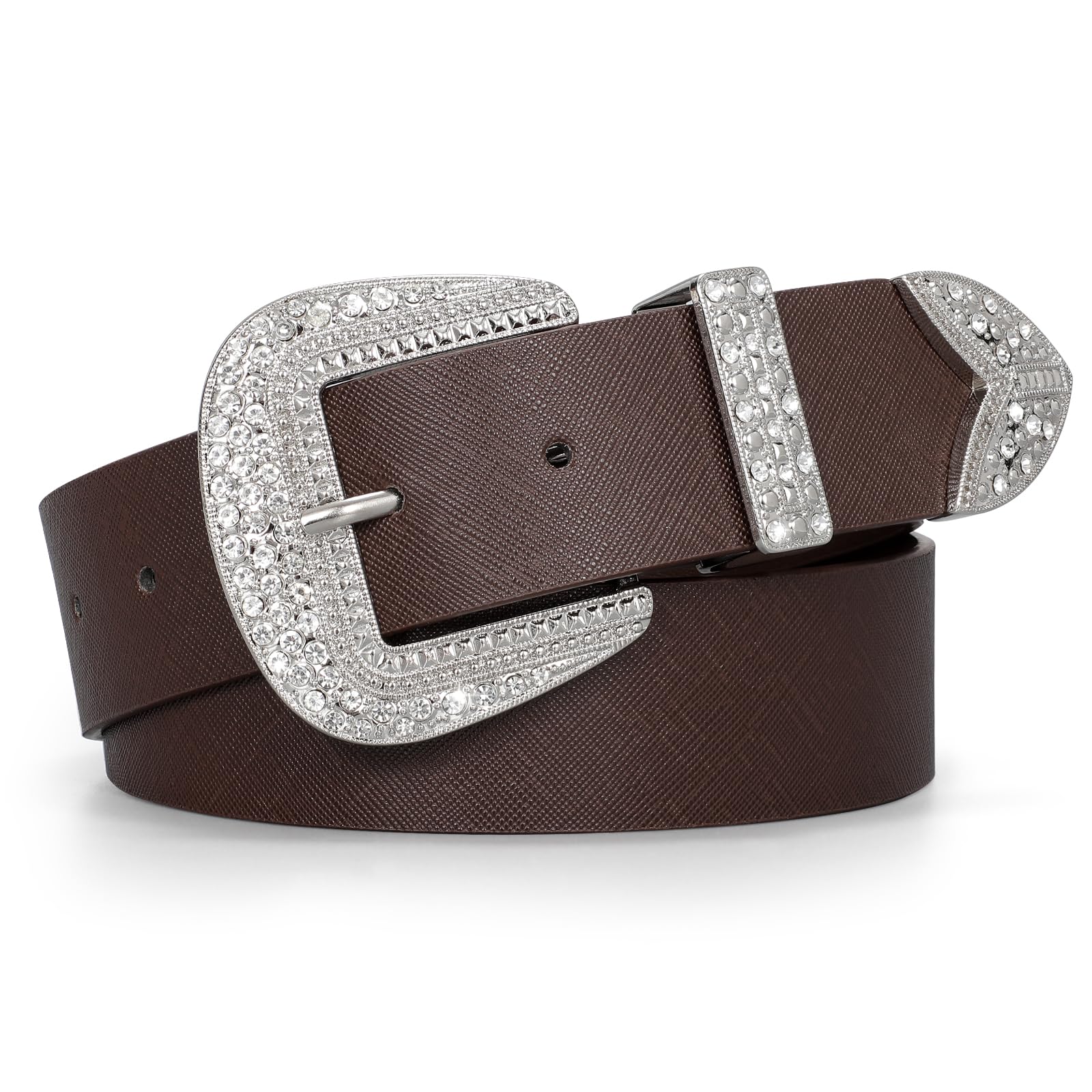 Leather Belts with Rhinestone Silver Buckle