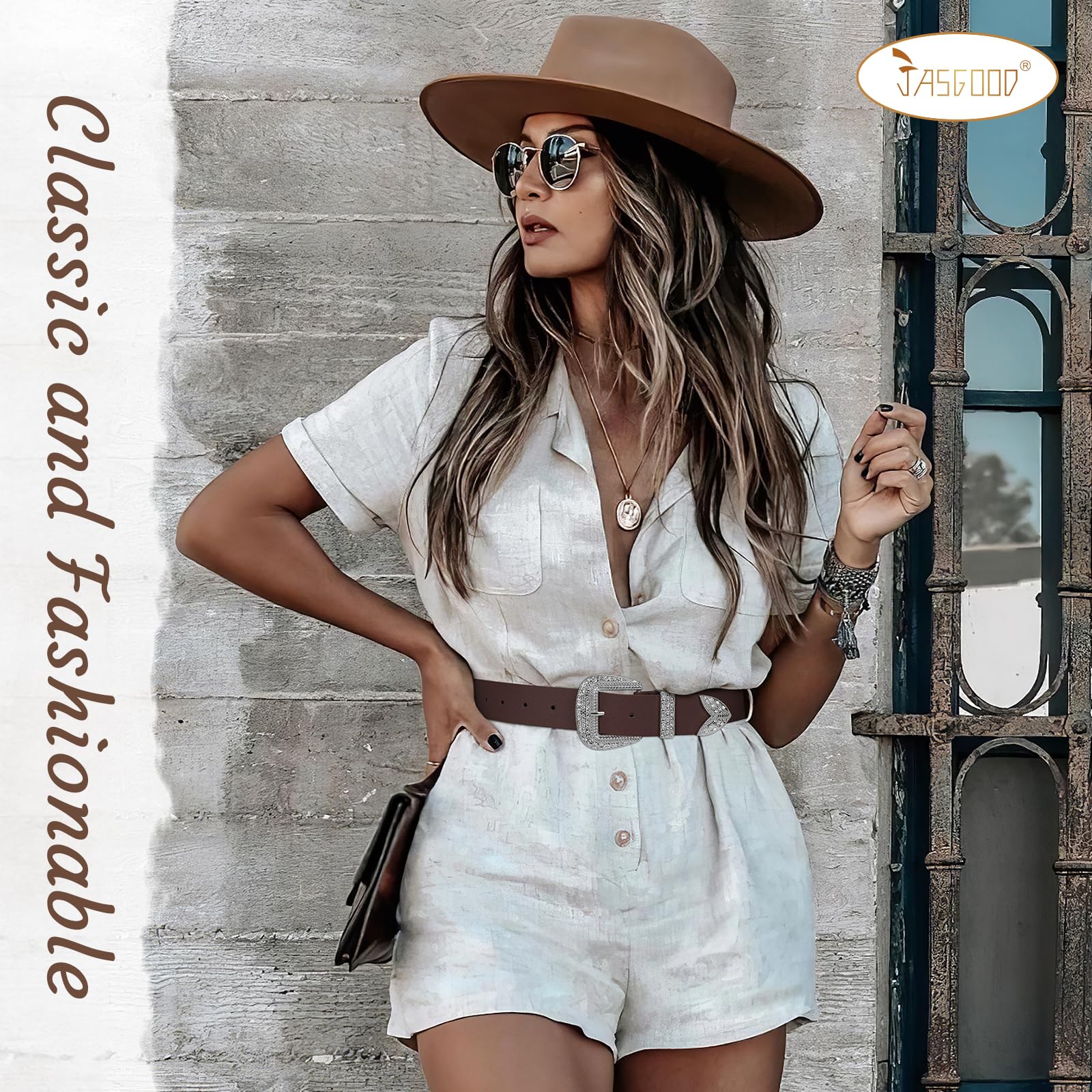 Leather Belts with Rhinestone Silver Buckle