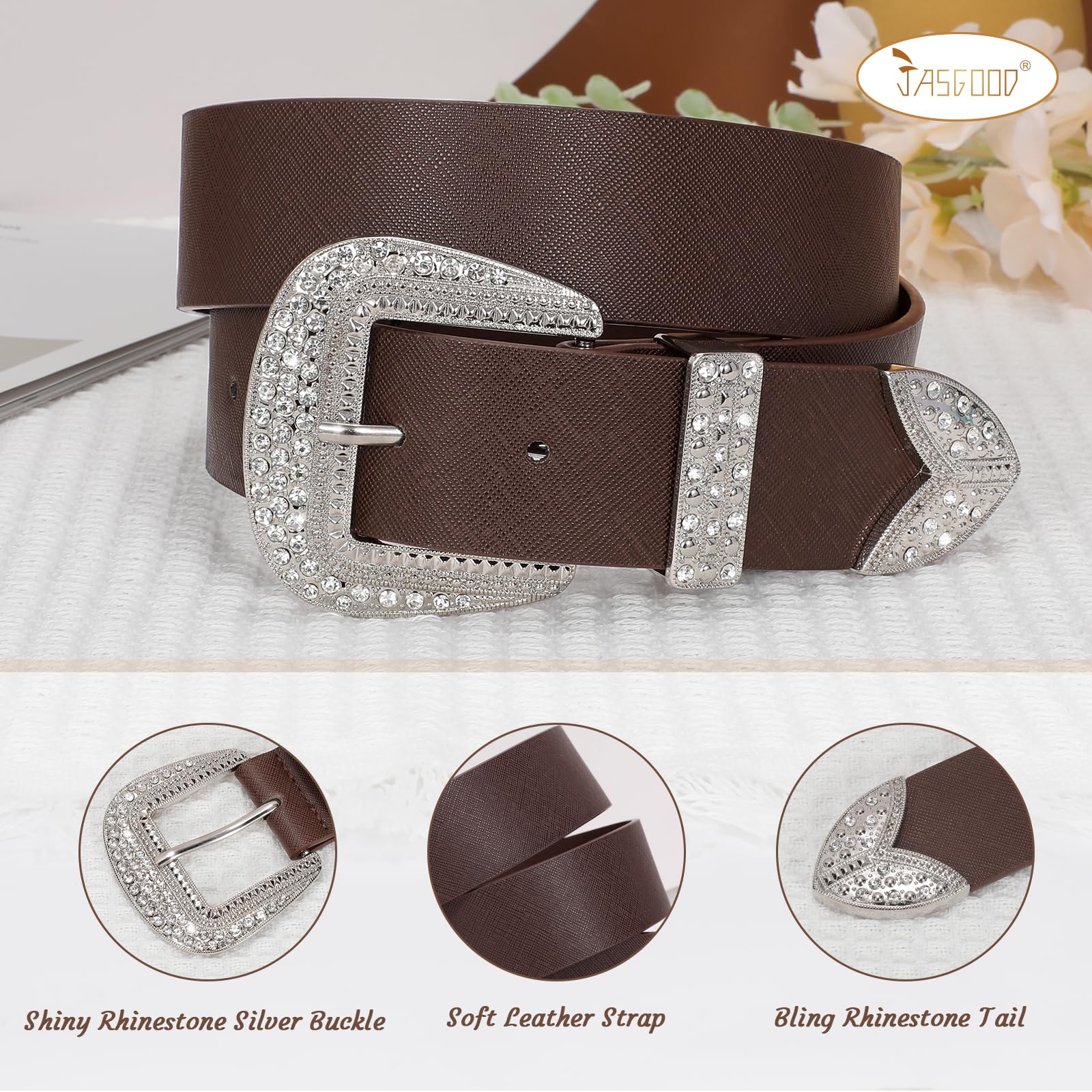 Leather Belts with Rhinestone Silver Buckle