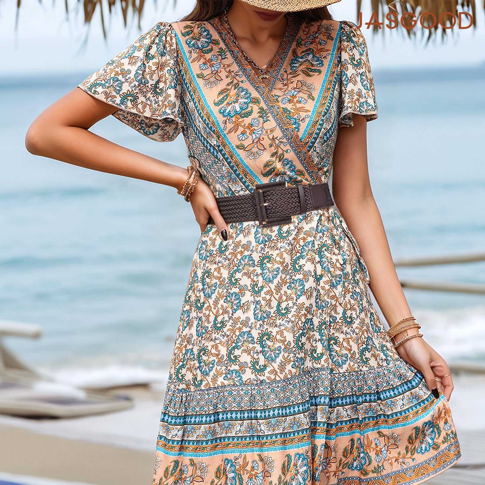 Rattan Waist Belt with Square Buckle