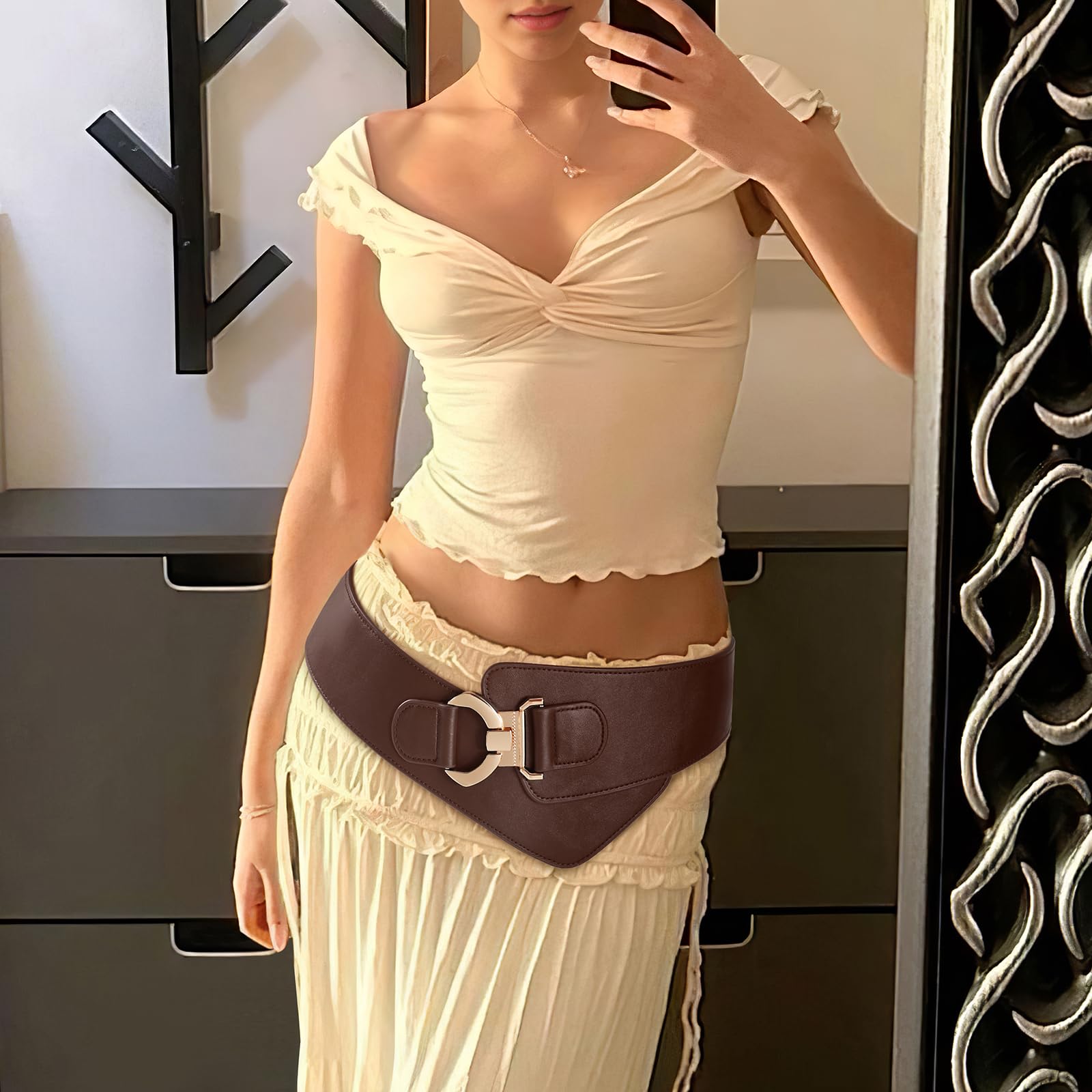 Gold Interlock Buckle Elastic Wide Belt