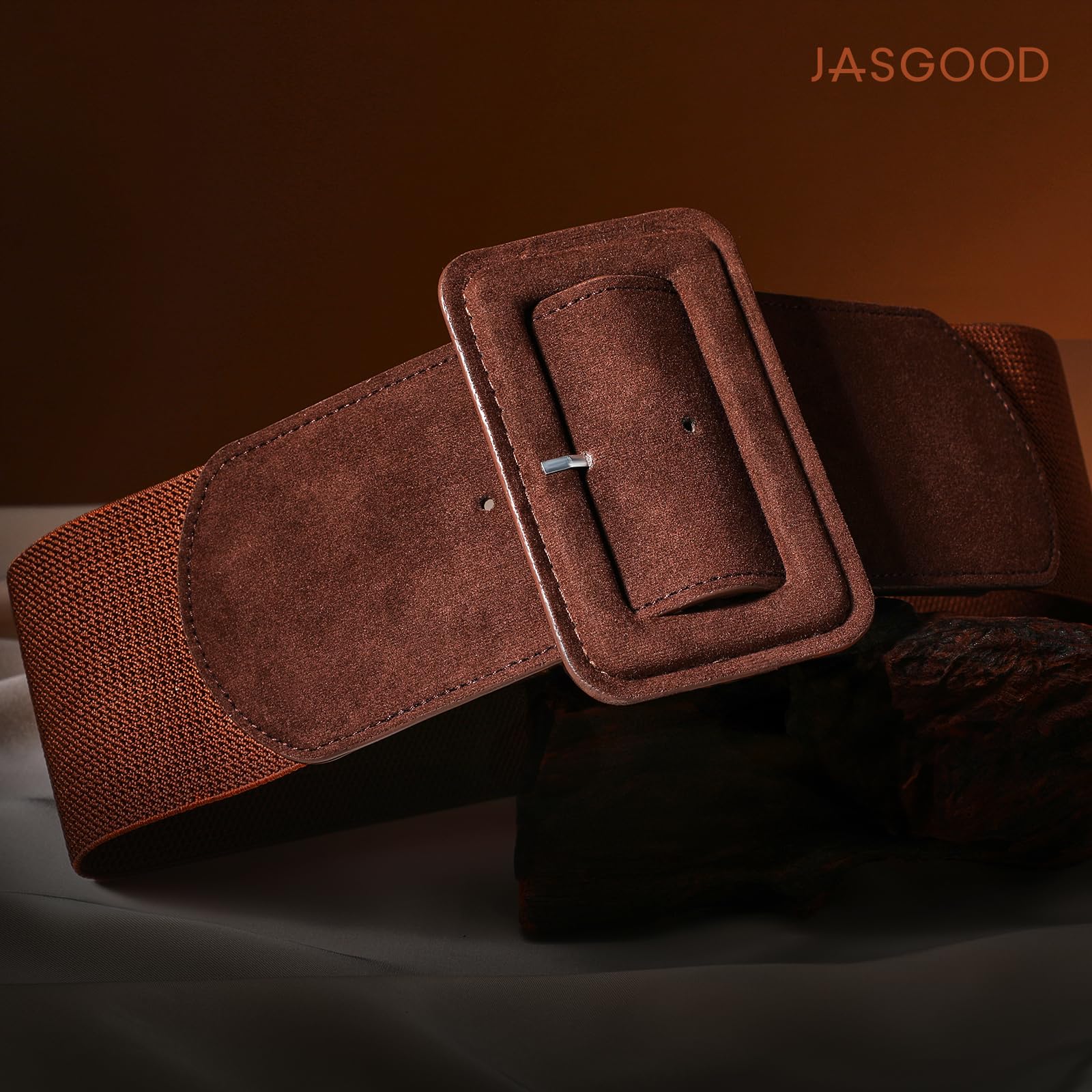 Elastic Suede Wide Belt with Vintage Chunky Square Buckle