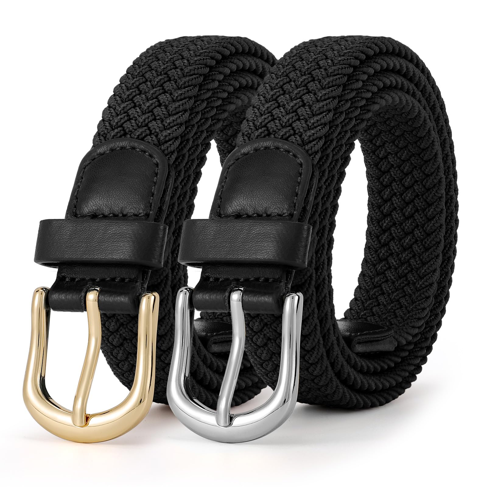 2-Pack Elastic Woven Stretch Fabric Braided Belts for Women