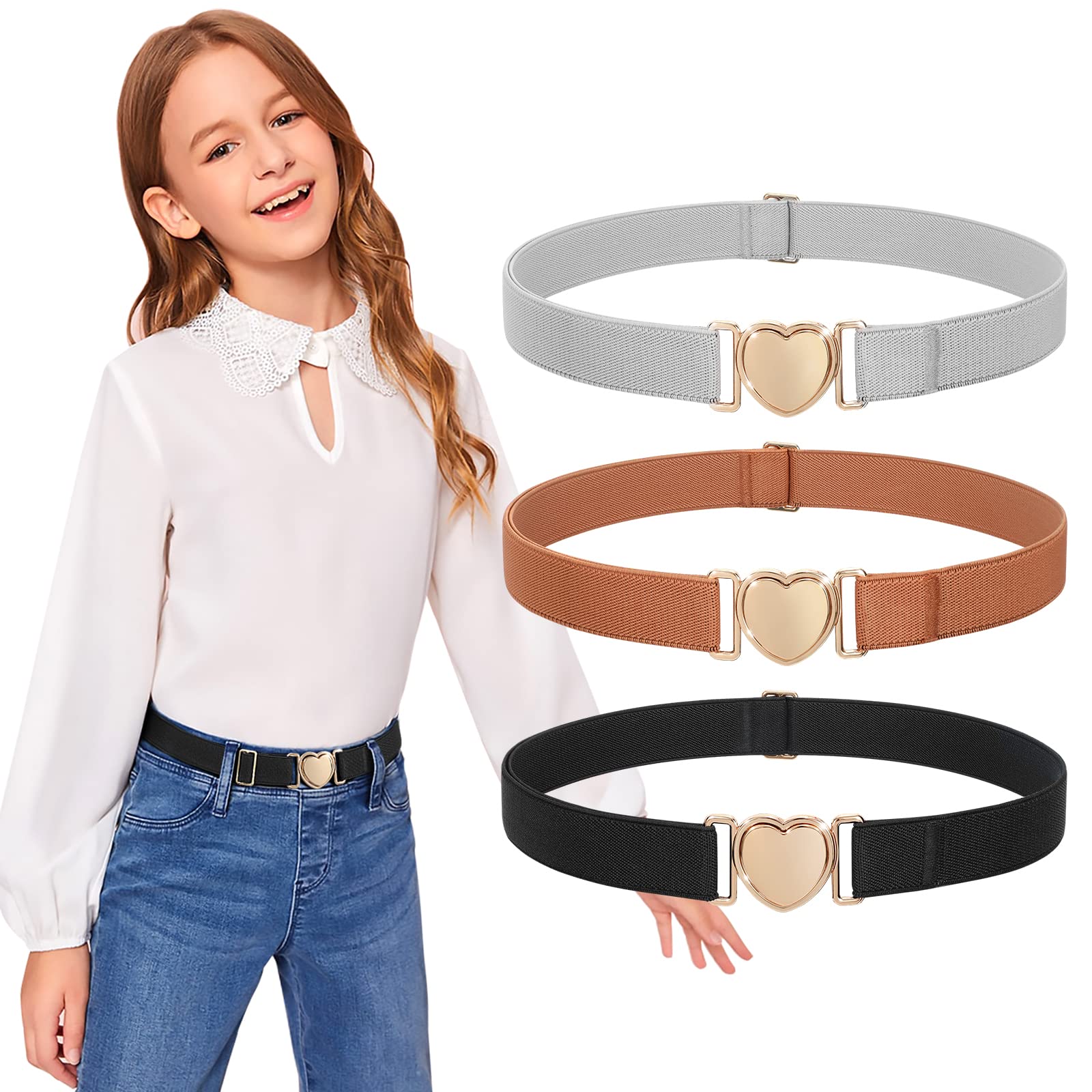 Adjustable Boys Girls Teens Stretch Belts with Heart Buckle