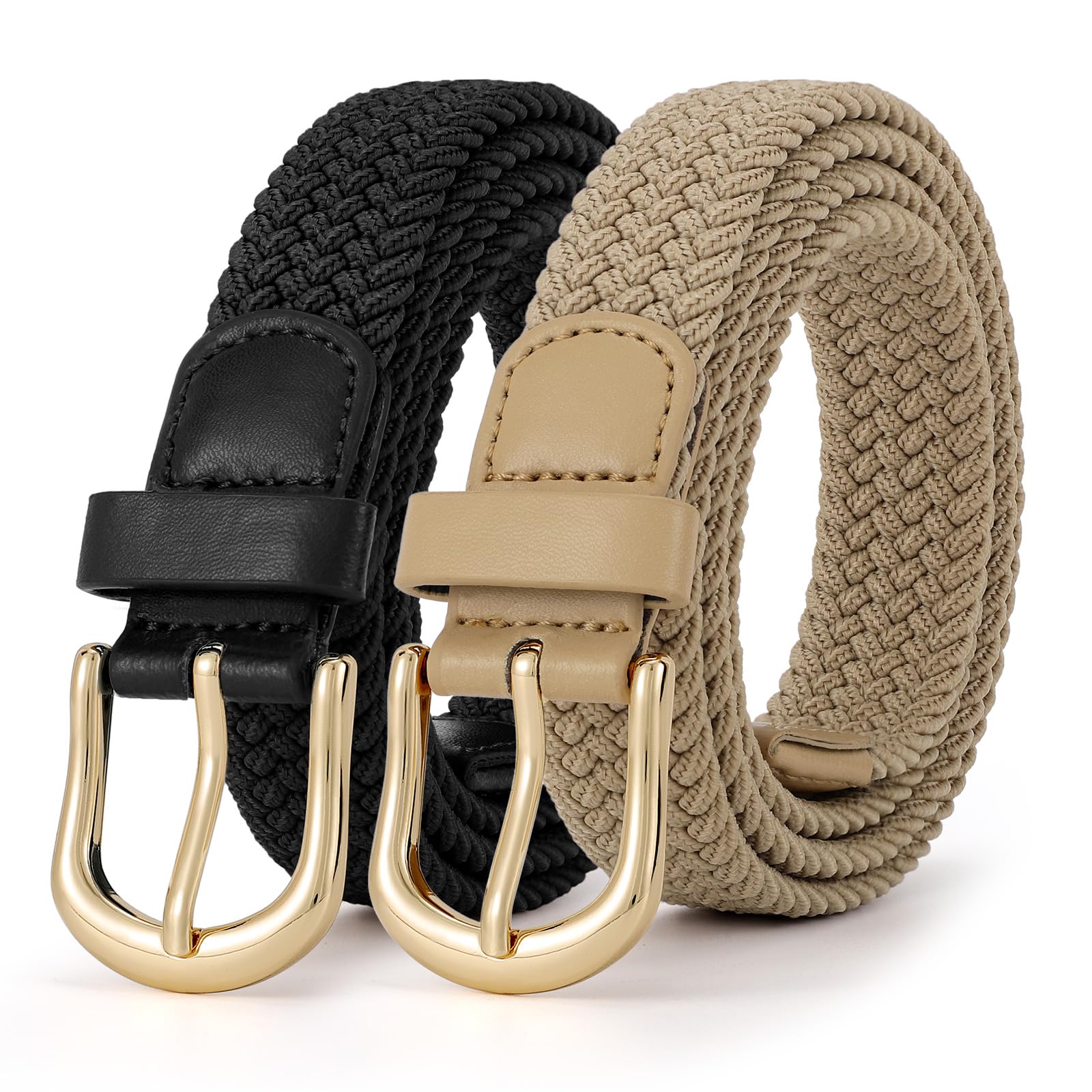 2-Pack Elastic Woven Stretch Fabric Braided Belts for Women