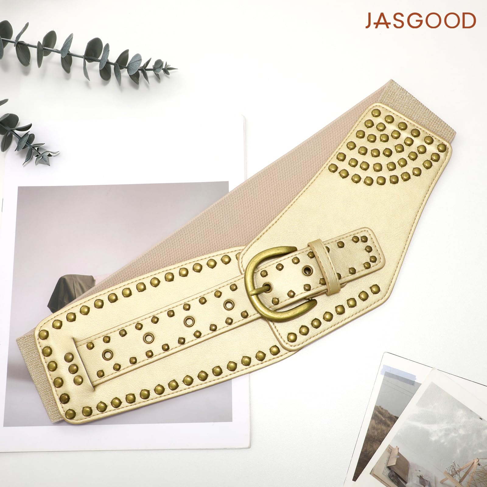 Stretchy Waist Belt with Rivets Metal Buckle