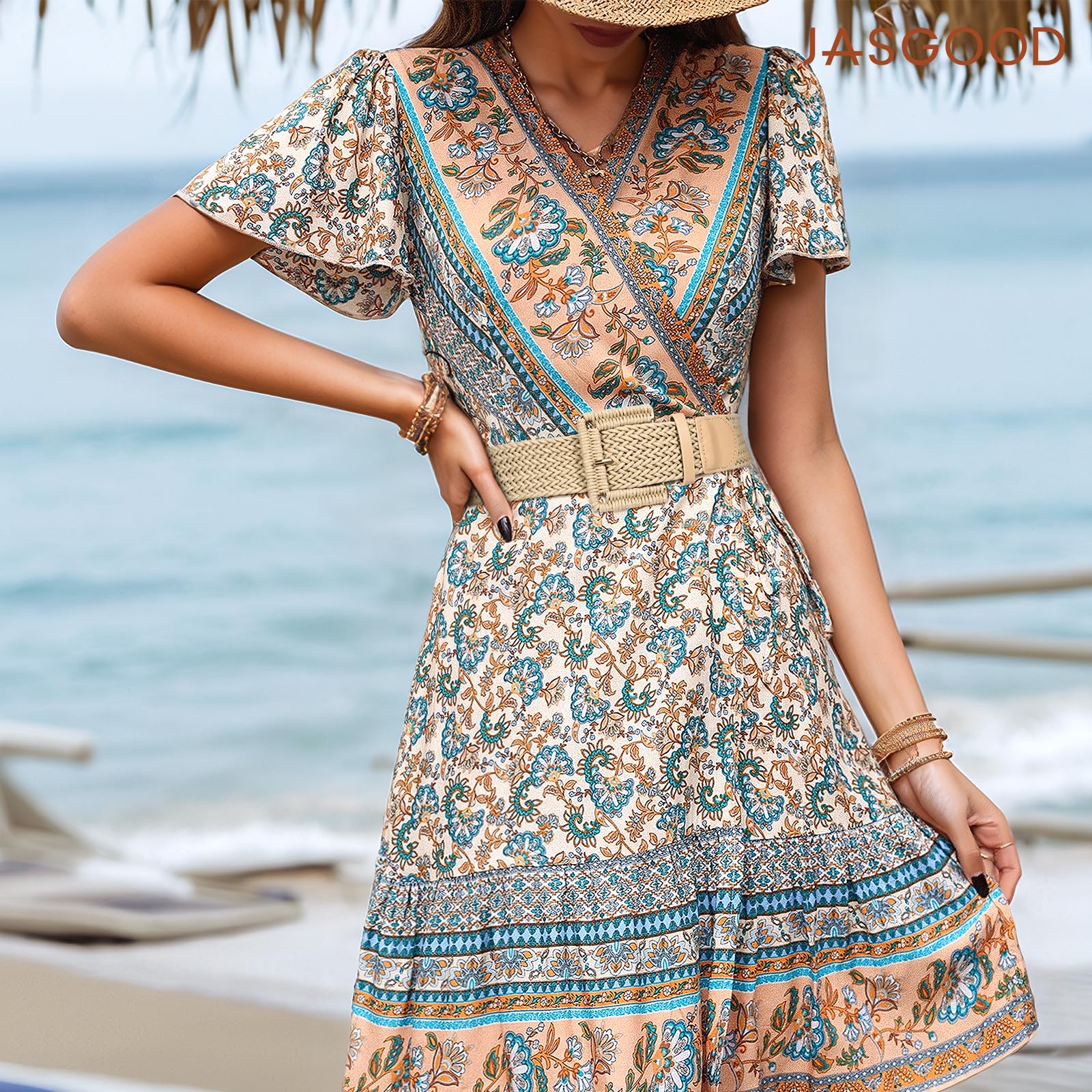 Rattan Waist Belt with Square Buckle