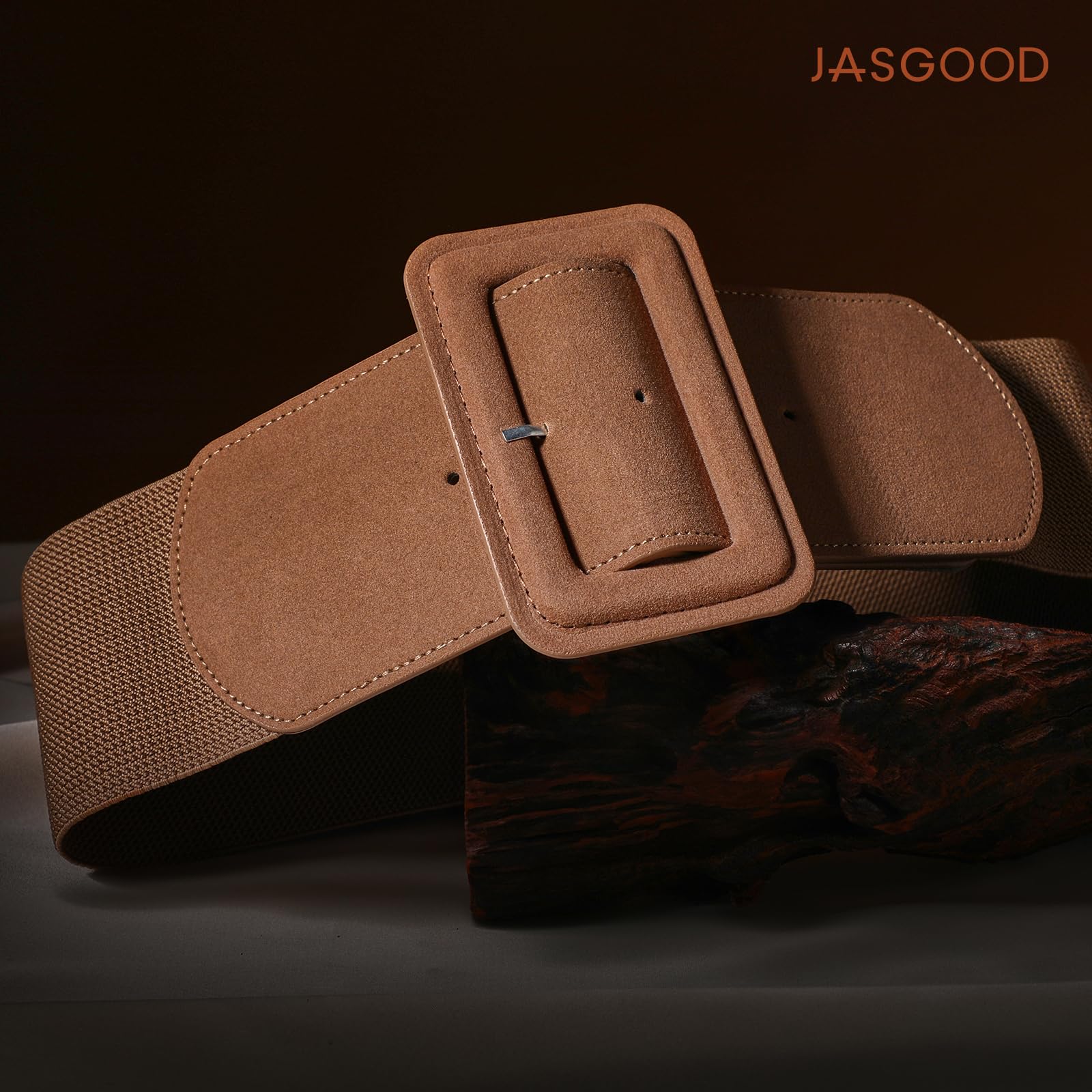 Elastic Suede Wide Belt with Vintage Chunky Square Buckle