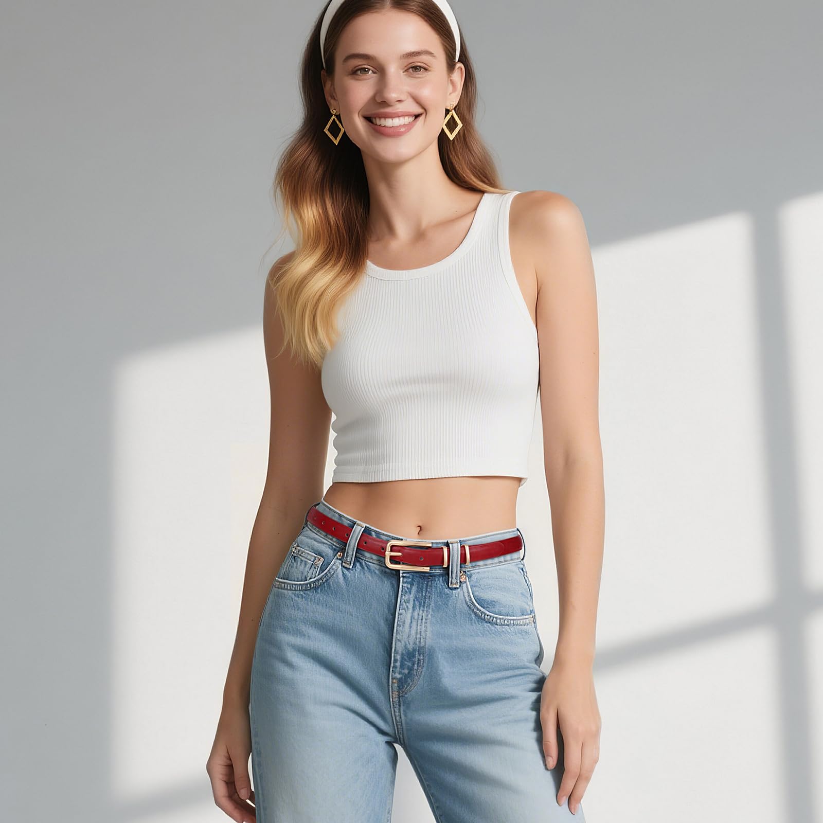 Thin Waist Belt with Square Gold Buckle