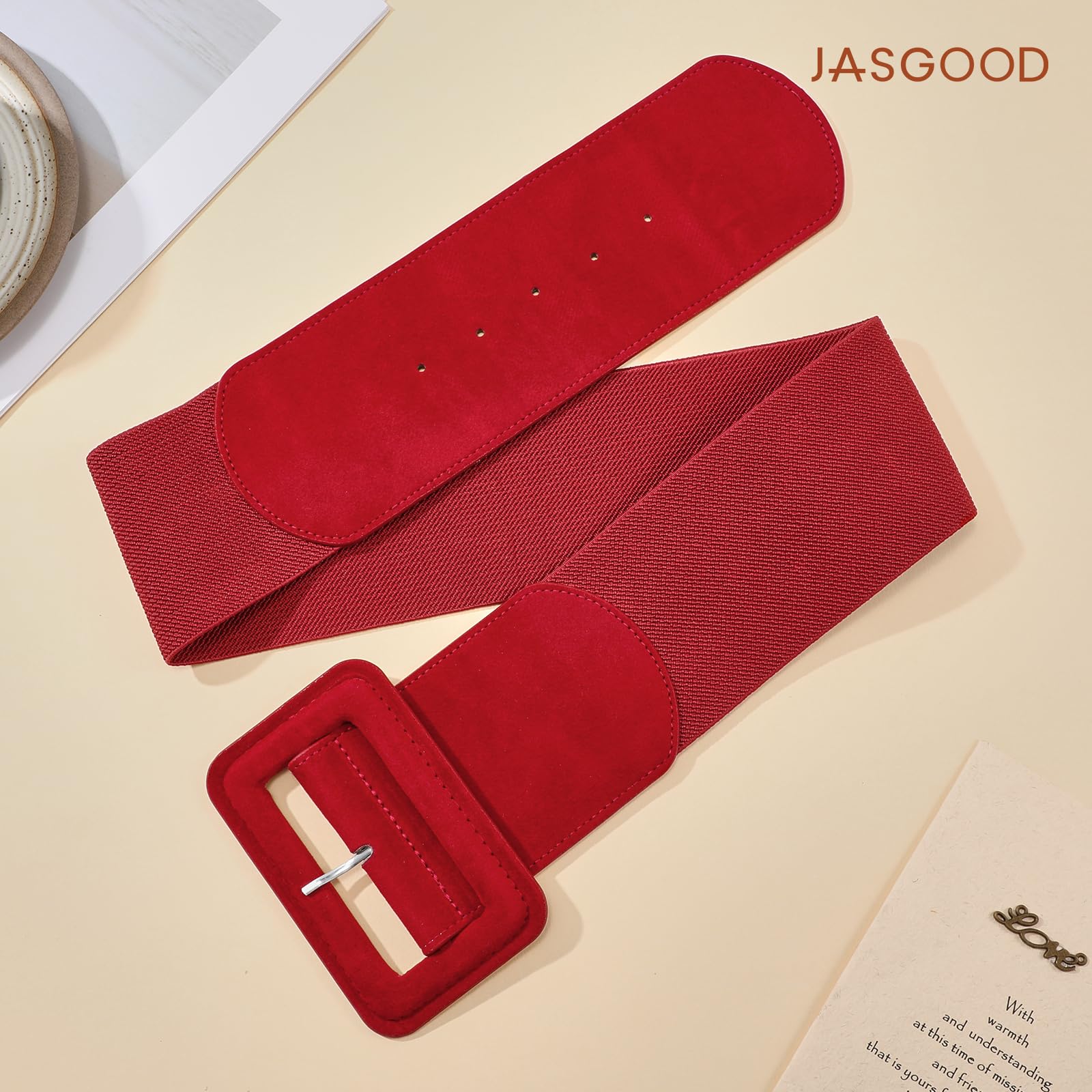 Elastic Suede Wide Belt with Vintage Chunky Square Buckle