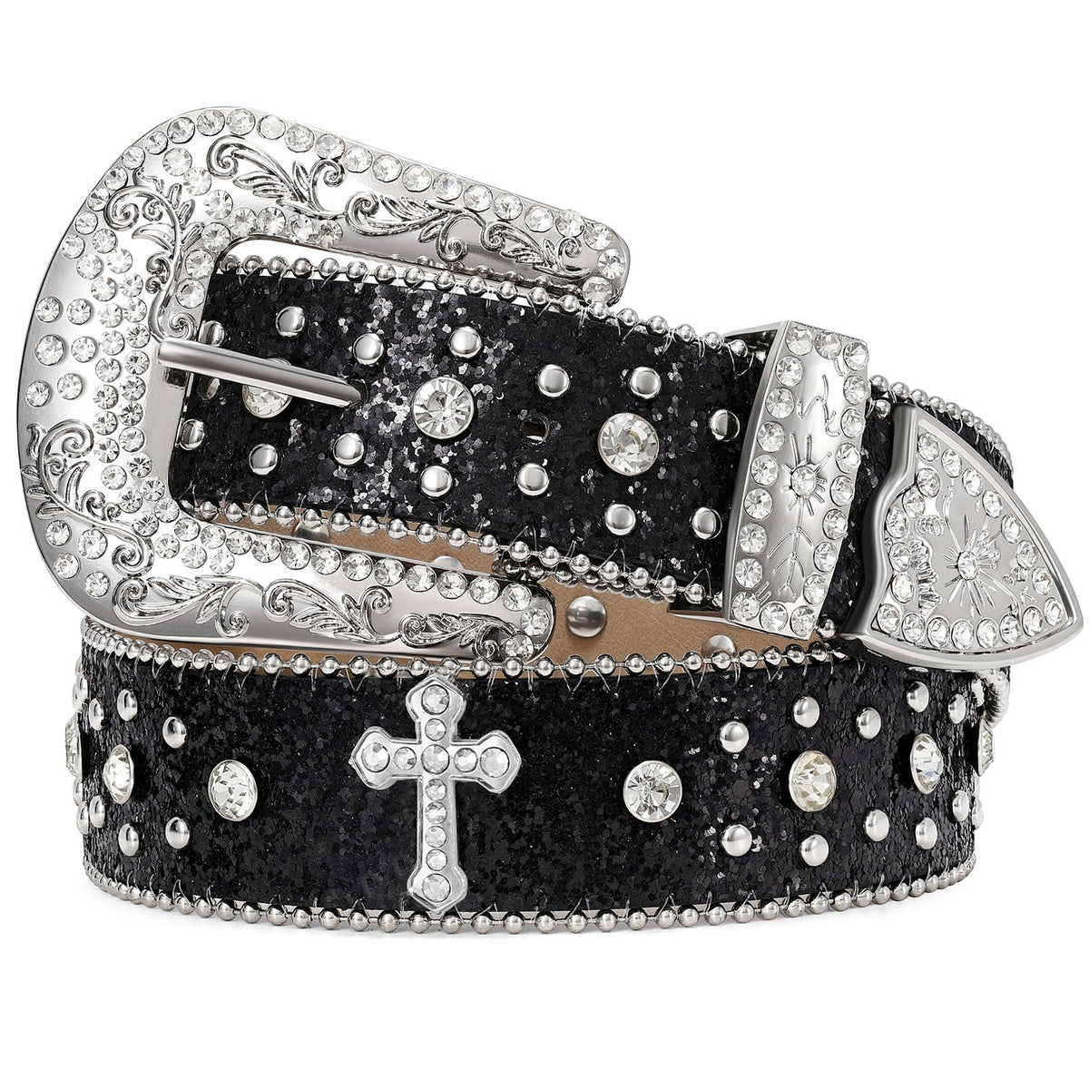 Rhinestone Studded Belt With Cross Crown - JASGOOD OFFICIAL