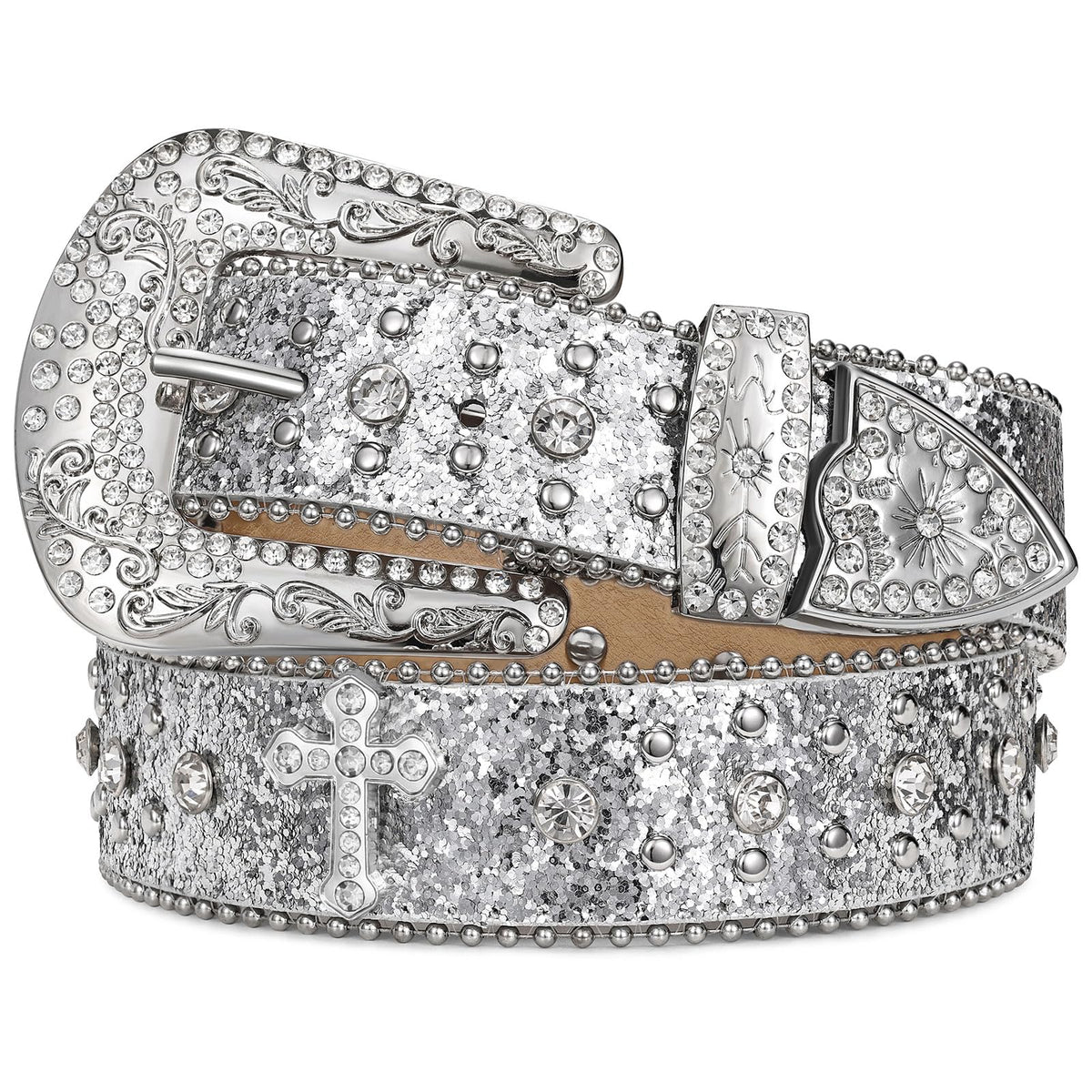 Rhinestone Studded Belt With Cross Crown - JASGOOD OFFICIAL