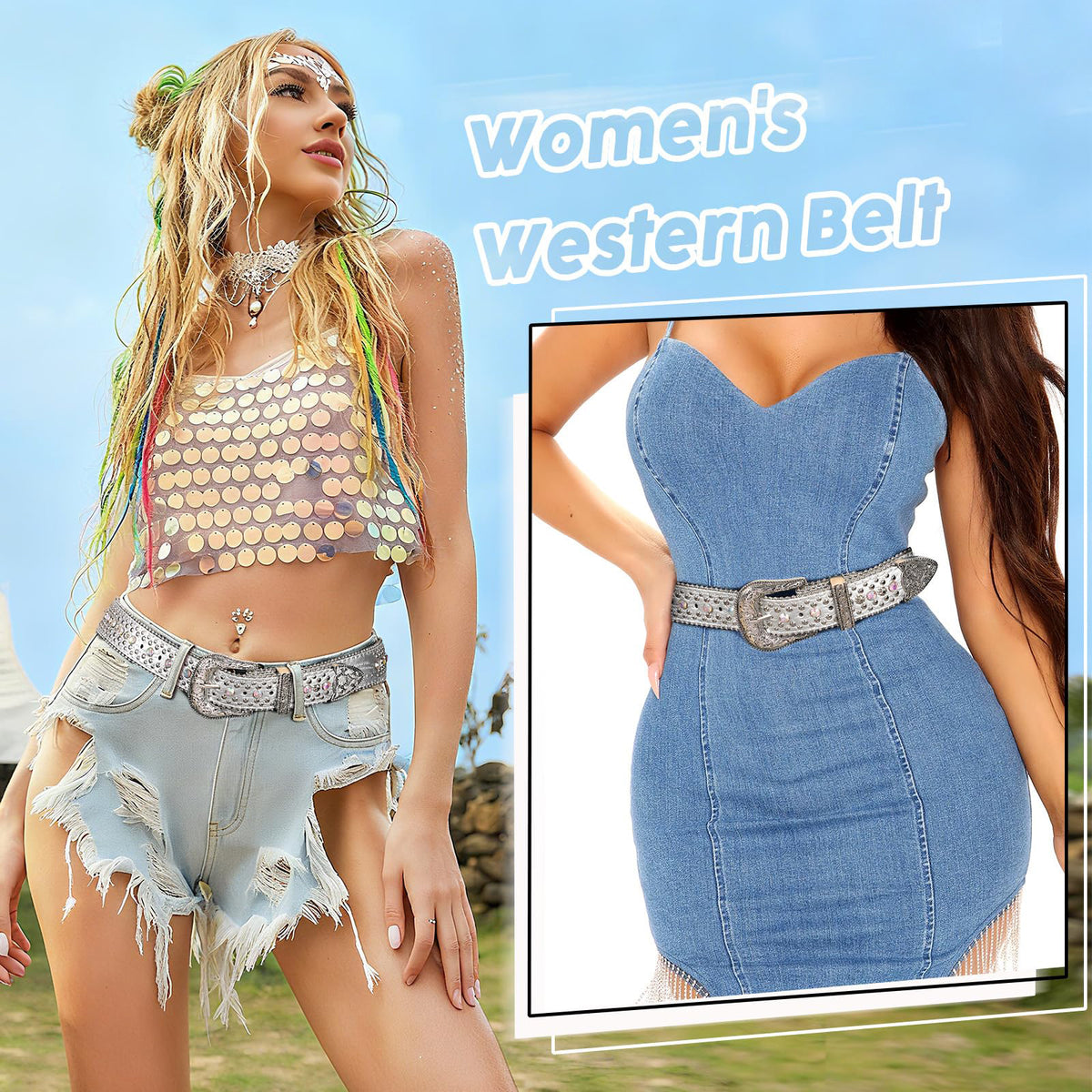 Western Rhinestone Belt for Women & Men