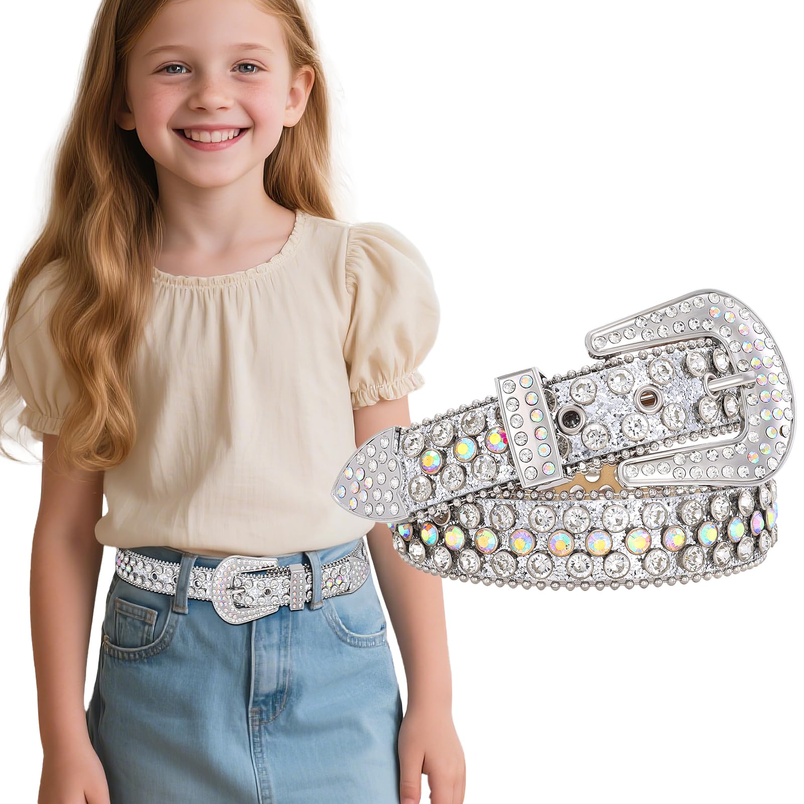 Teens Diamond Studded Bling Western Rhinestone Leather Belt