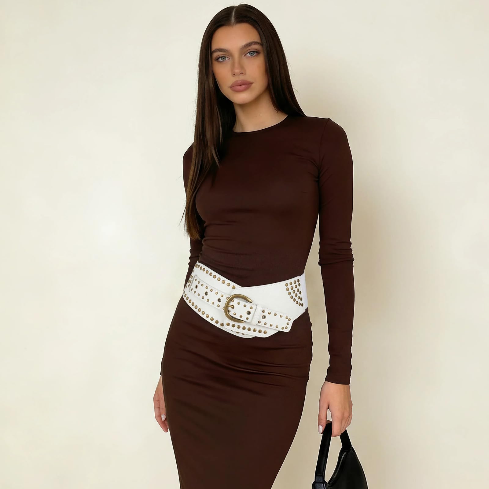 Stretchy Waist Belt with Rivets Metal Buckle