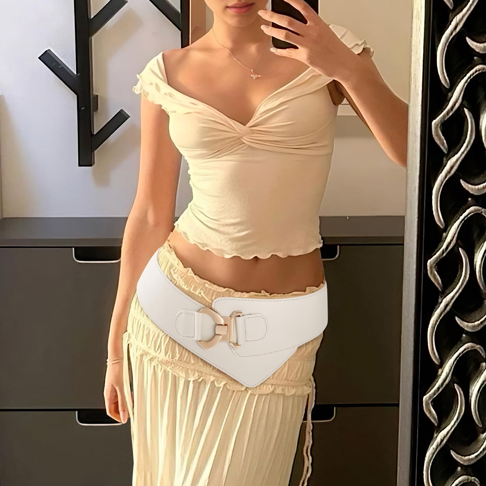 Gold Interlock Buckle Elastic Wide Belt