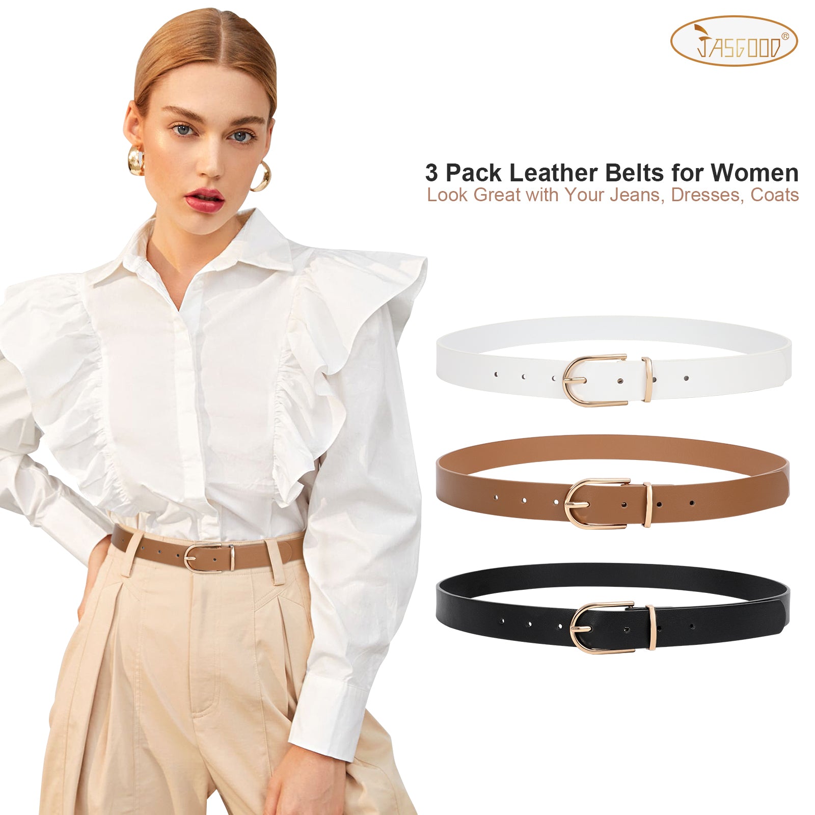 JASGOOD 3 Pack Women’s Leather Belts for Jeans Pants Fashion Ladies Belt with Gold Buckle - JASGOOD OFFICIAL