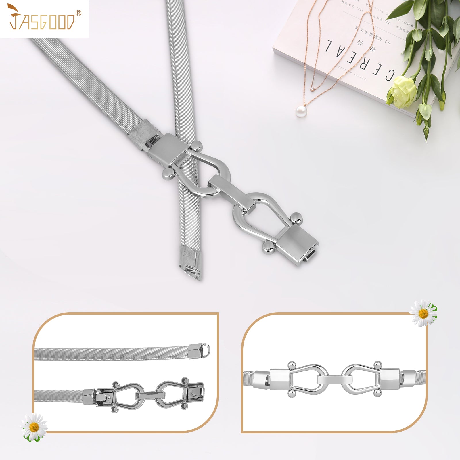 JASGOOD Skinny Metal Waist Belt for Dress Fashion Waistband Elastic Metal Chain Belt - JASGOOD OFFICIAL