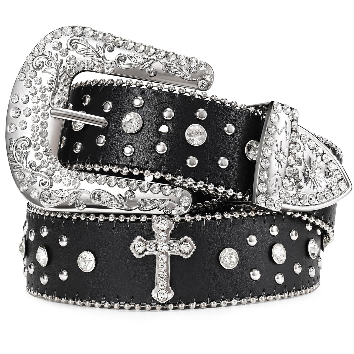 Rhinestone Studded Belt With Cross Crown - JASGOOD OFFICIAL
