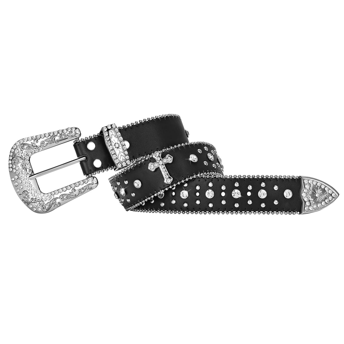 Rhinestone Studded Belt With Cross Crown - JASGOOD OFFICIAL
