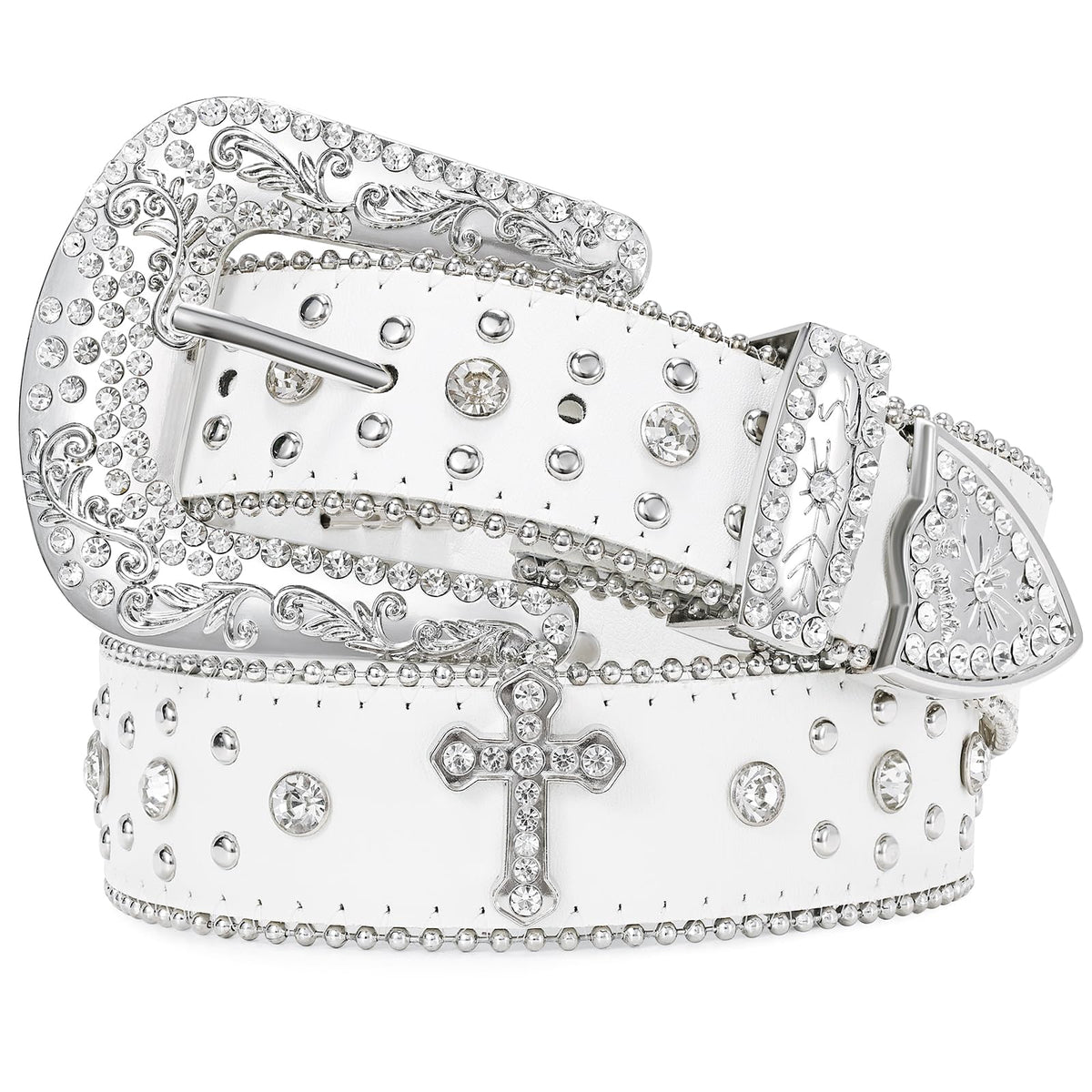 Rhinestone Studded Belt With Cross Crown - JASGOOD OFFICIAL