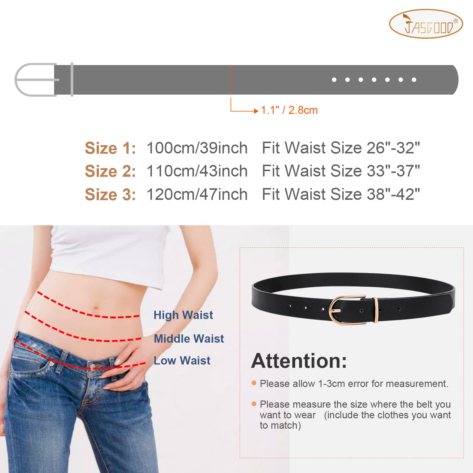 JASGOOD 3 Pack Women’s Leather Belts for Jeans Pants Fashion Ladies Belt with Gold Buckle - JASGOOD OFFICIAL