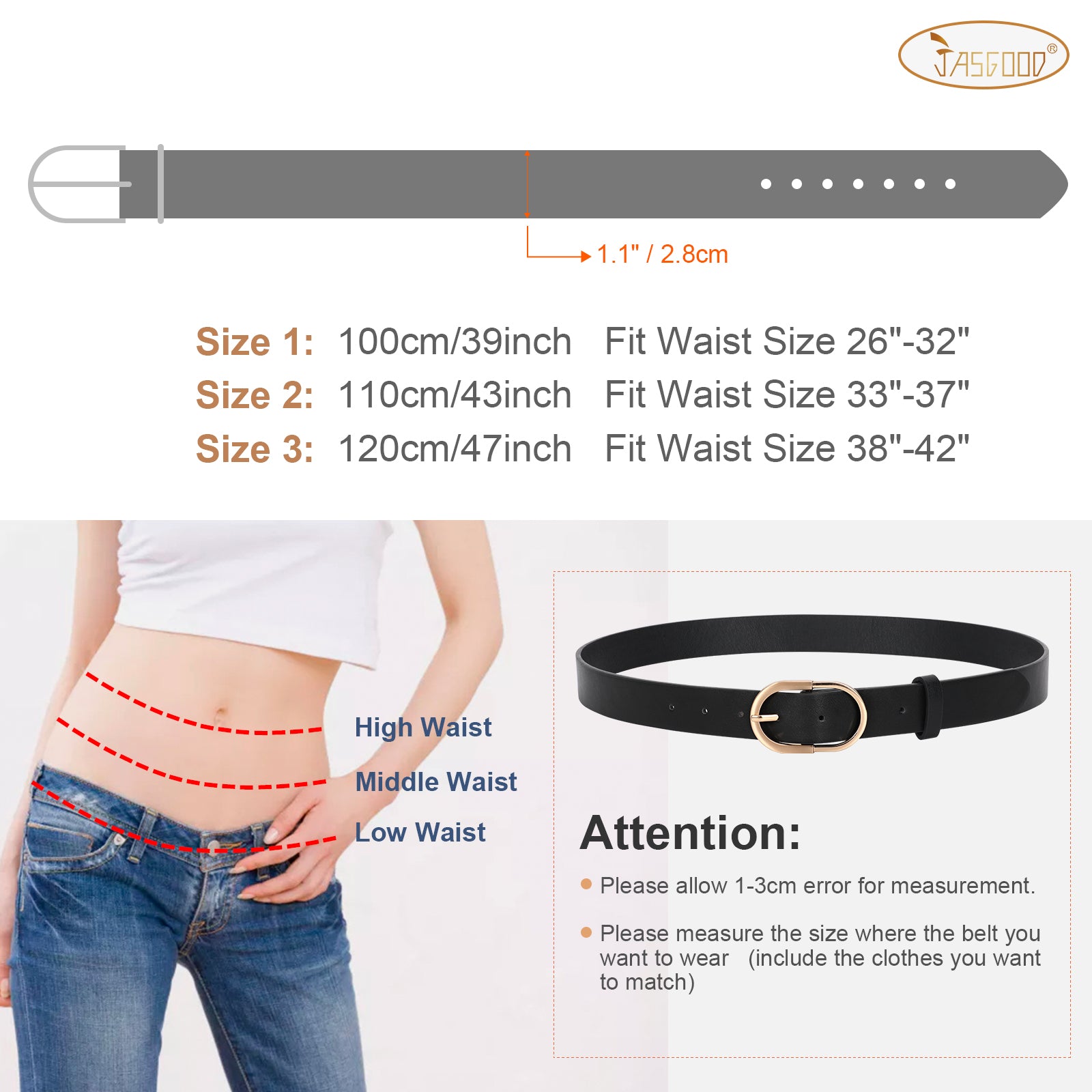JASGOOD 3 Pack Women’s Leather Belts for Jeans Pants Fashion Ladies Belt with Gold Buckle - JASGOOD OFFICIAL