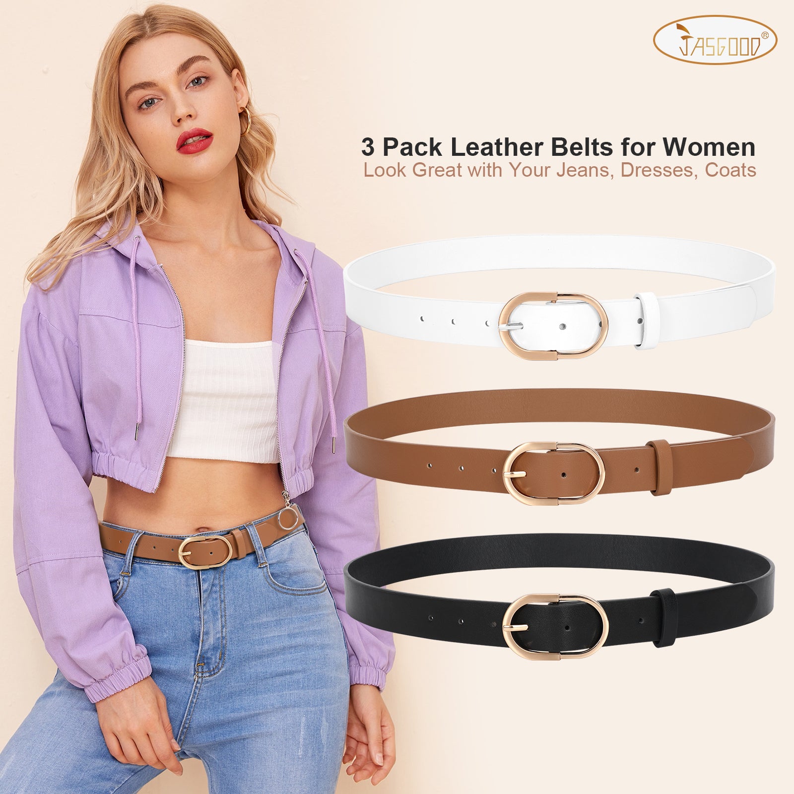 JASGOOD 3 Pack Women’s Leather Belts for Jeans Pants Fashion Ladies Belt with Gold Buckle - JASGOOD OFFICIAL