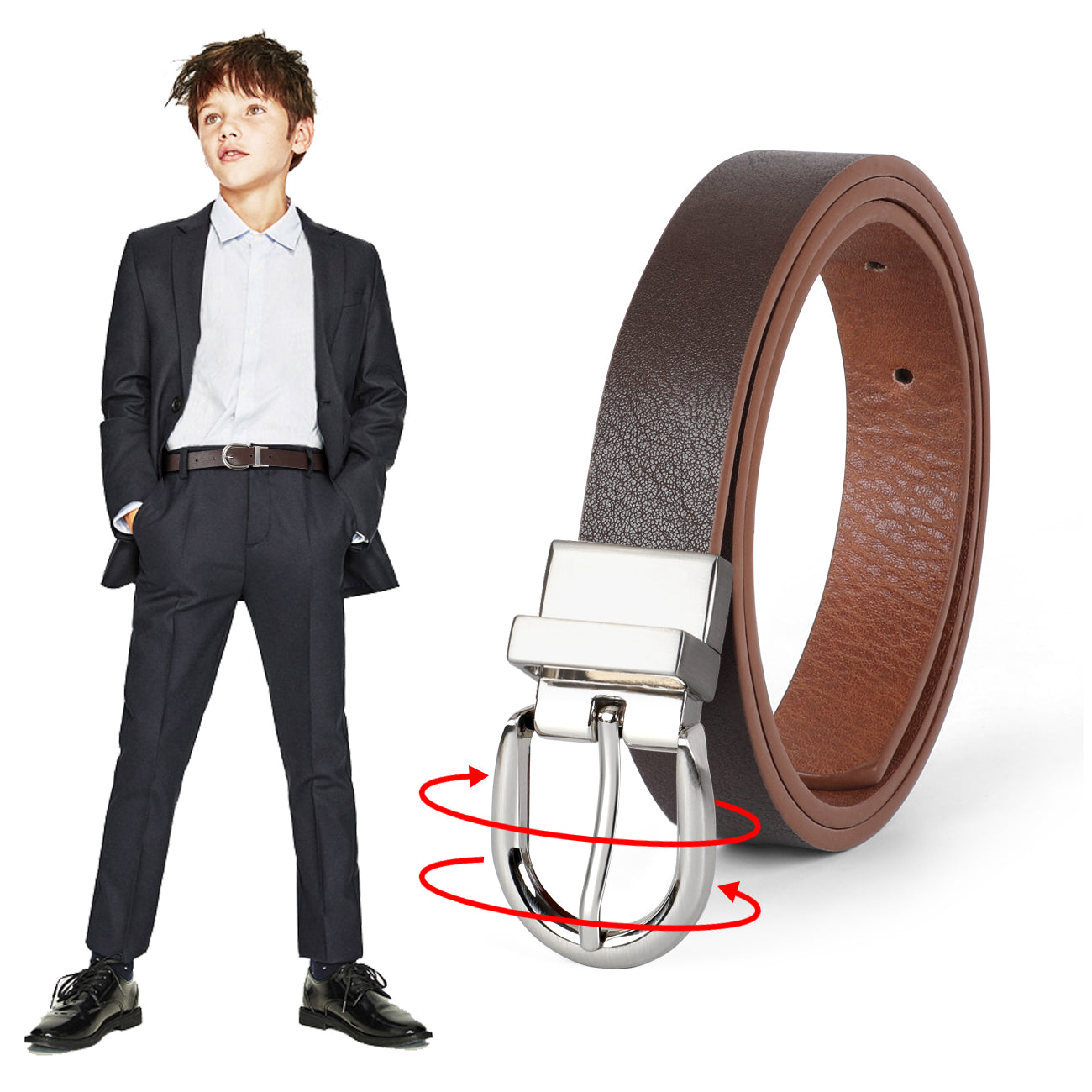 JASGOOD Kids Leather Reversible Belt, Boys Casual Belt for Jeans School Uniform with Rotated Buckle