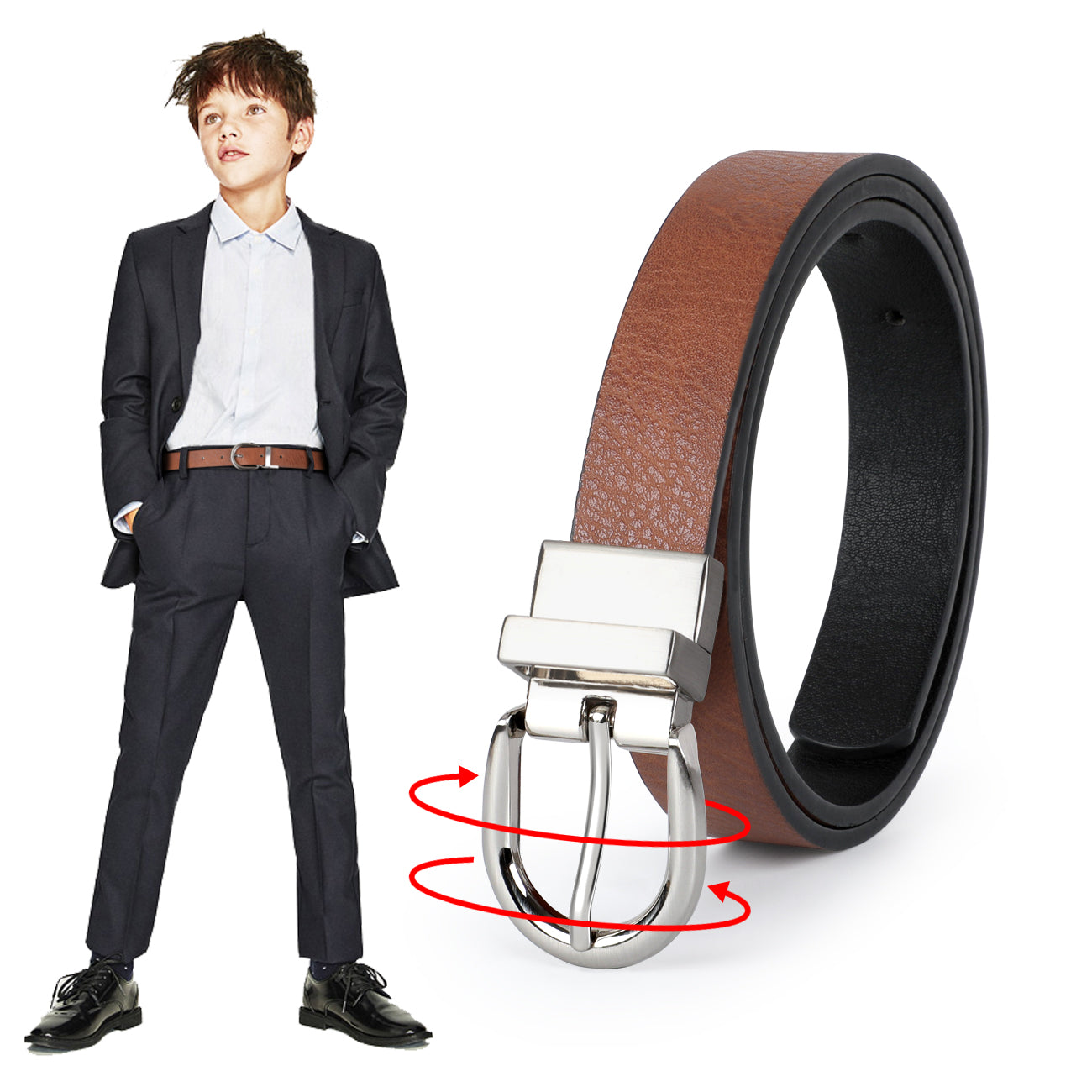 JASGOOD Kids Leather Reversible Belt, Boys Casual Belt for Jeans School Uniform with Rotated Buckle