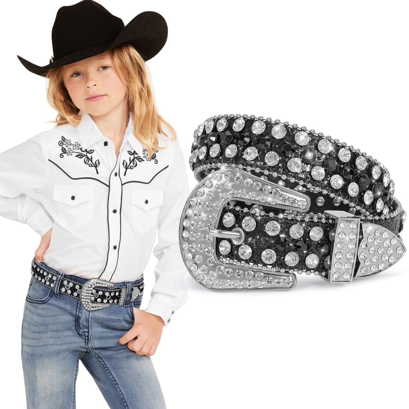 Kids Fashion Rhinestone Shiny Crystal Studded Leather Belts - JASGOOD OFFICIAL