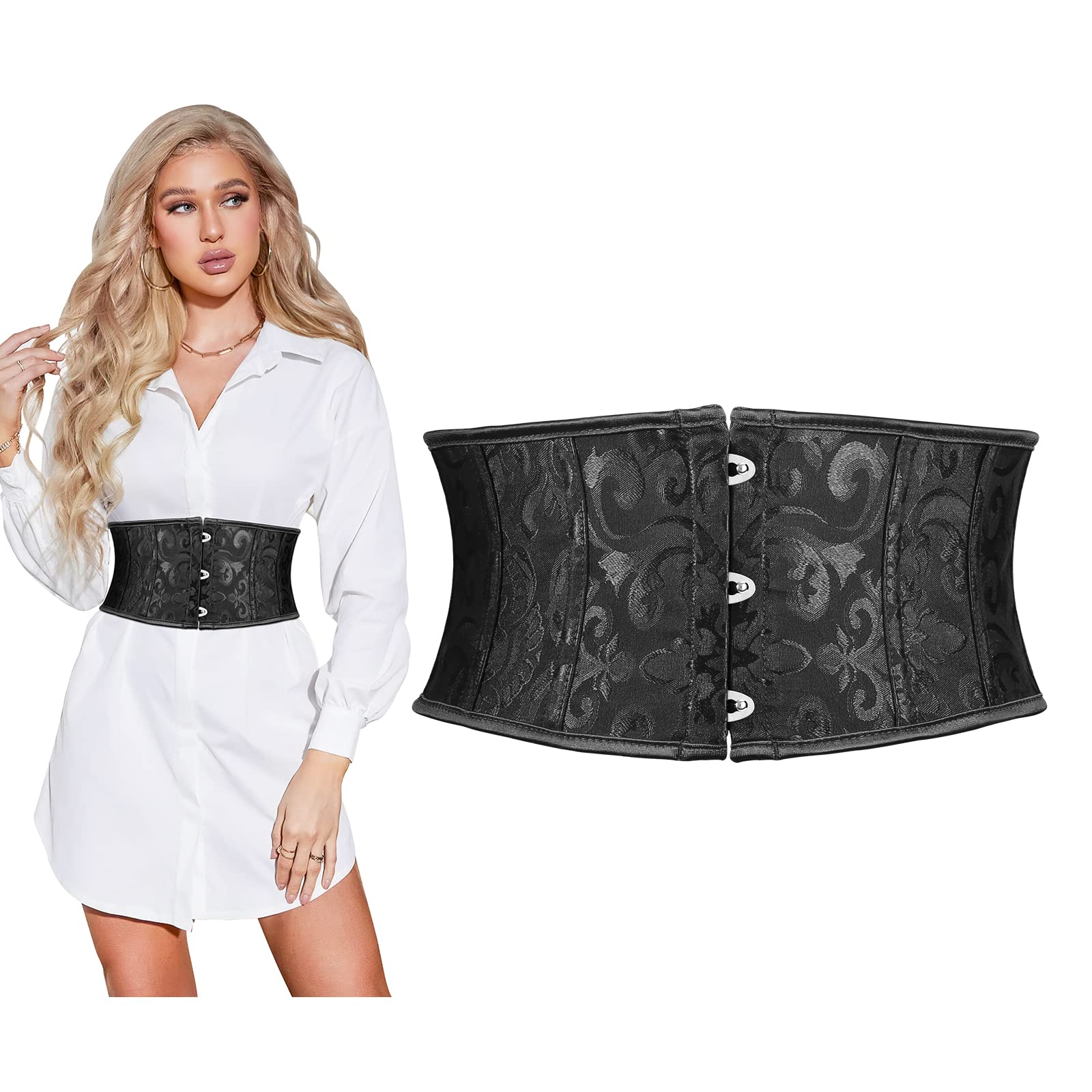 Women's Jacquard Brocade Corset Waist Belt, Underbust Steel Boned Lace Up Satin Bustier Waspie Belt by Jasgood - JASGOOD OFFICIAL
