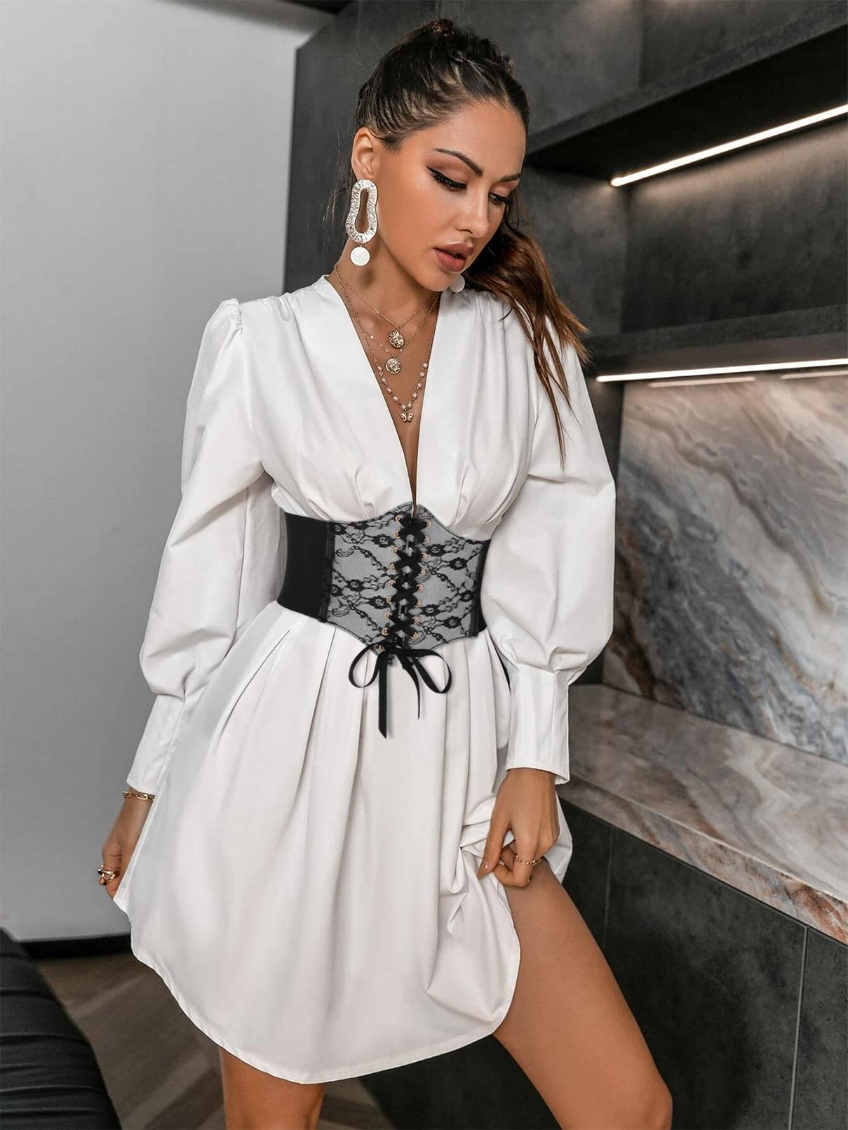 Women Lace-up Corset Waist Belt Transparent PVC Lace Crochet Elastic Wide Belt for Dress - JASGOOD OFFICIAL