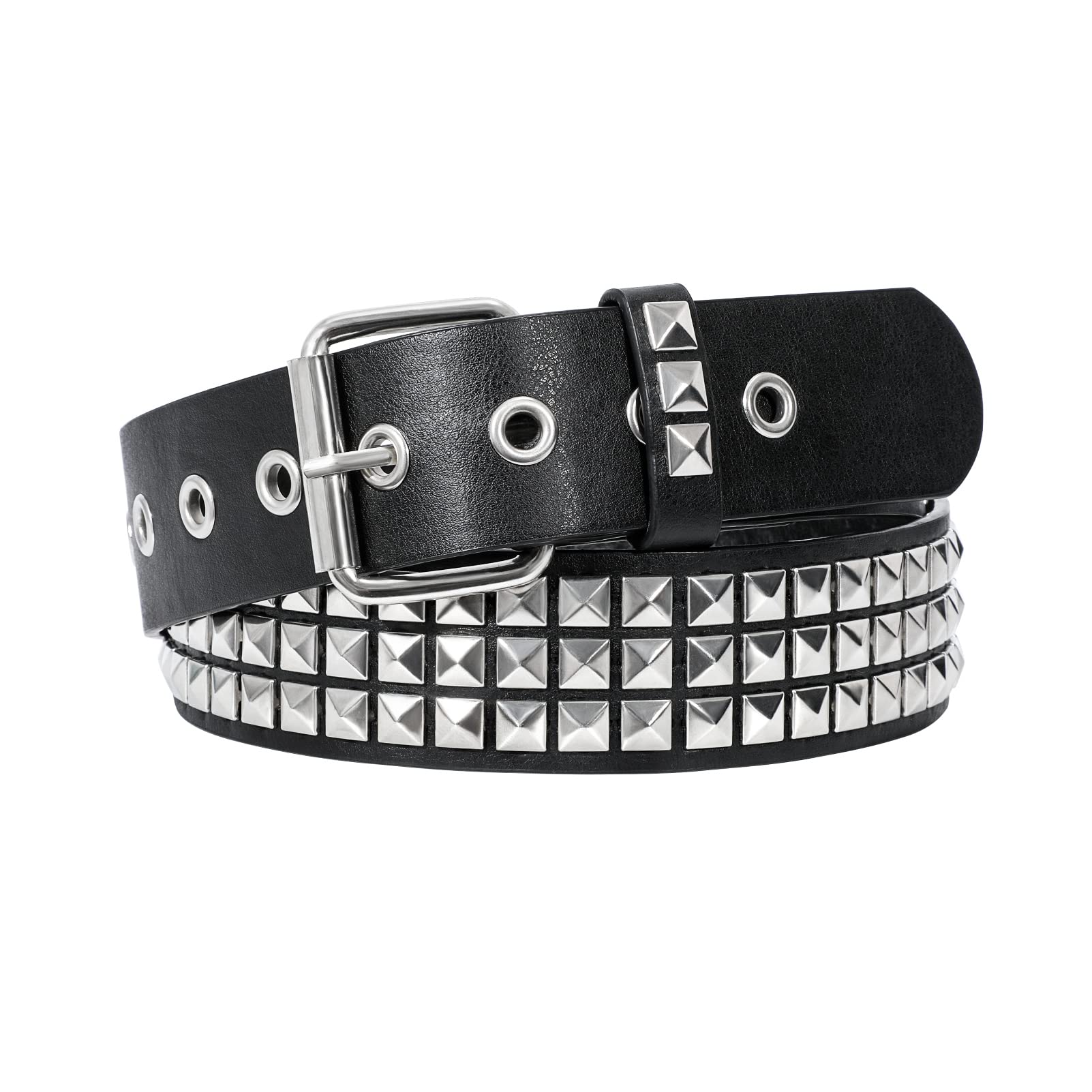 Punk Rivet Studded Belt Goth Row Pyramid Square Bead PU Leather Vintage Punk Rock Grommet Belt for Jeans Pants