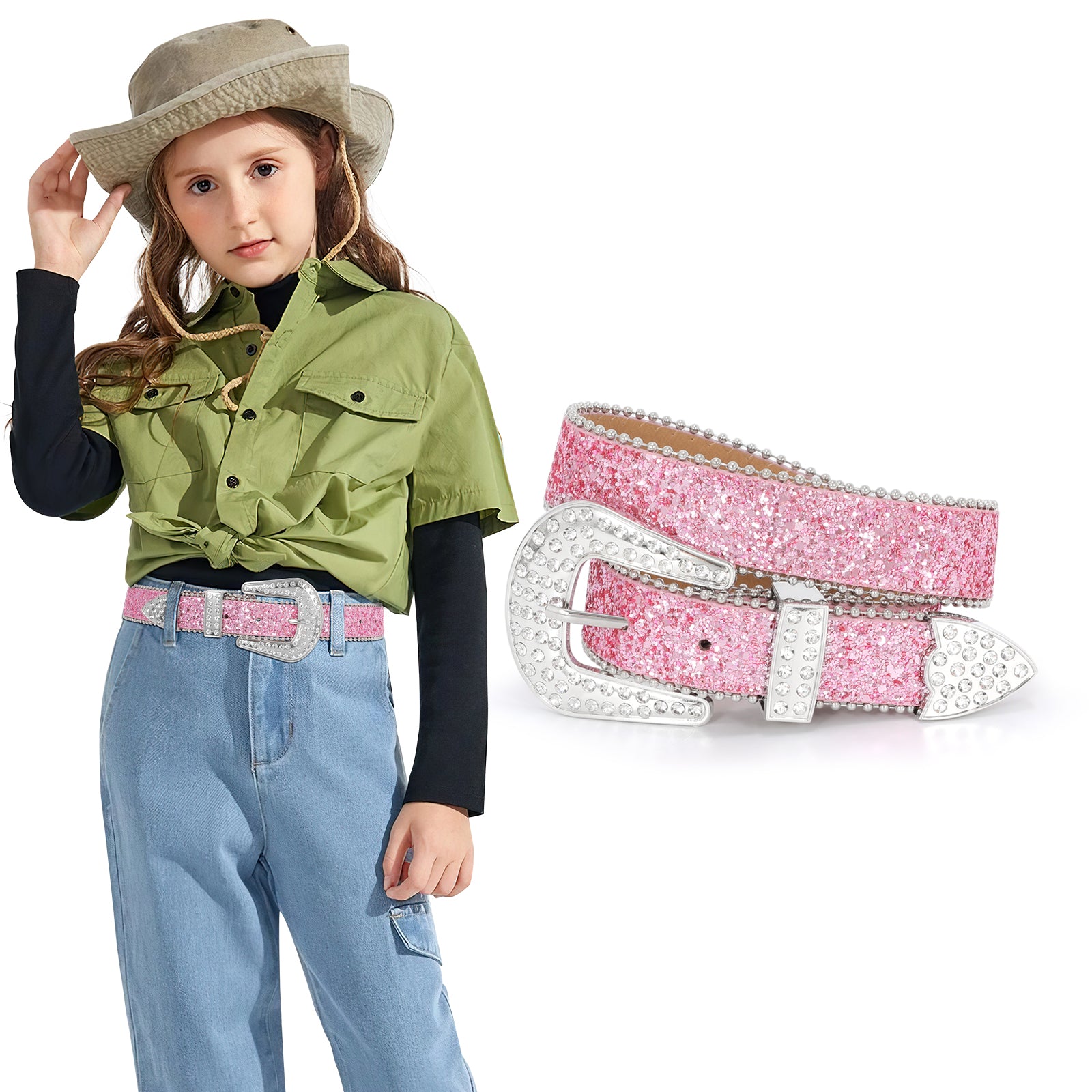 Rhinestone Belt for Men Women Western Cowboy Cowgirl Bling Studded Leather Belt for Jeans Pants - JASGOOD OFFICIAL