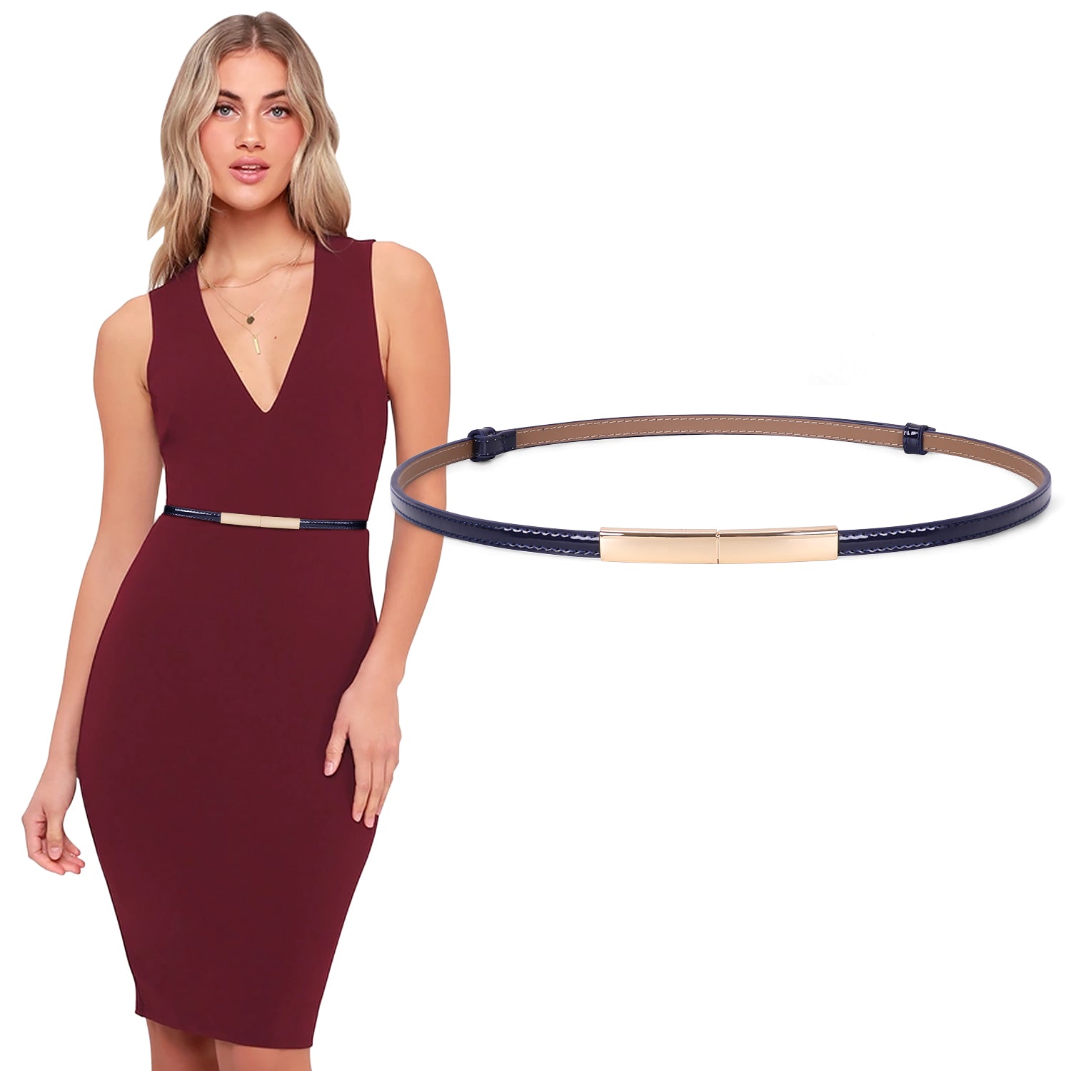 Women’s Skinny Blue Leather Belt Adjustable Slim Waist Belt with Gold Alloy Buckle for Dress By JASGOOD