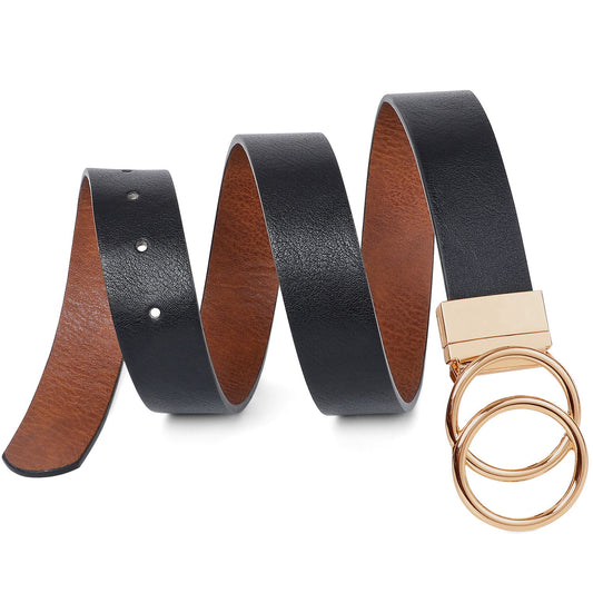 JASGOOD Women's belt with golden double O-ring rotating buckle, reversible belt, jeans belt leather belt
