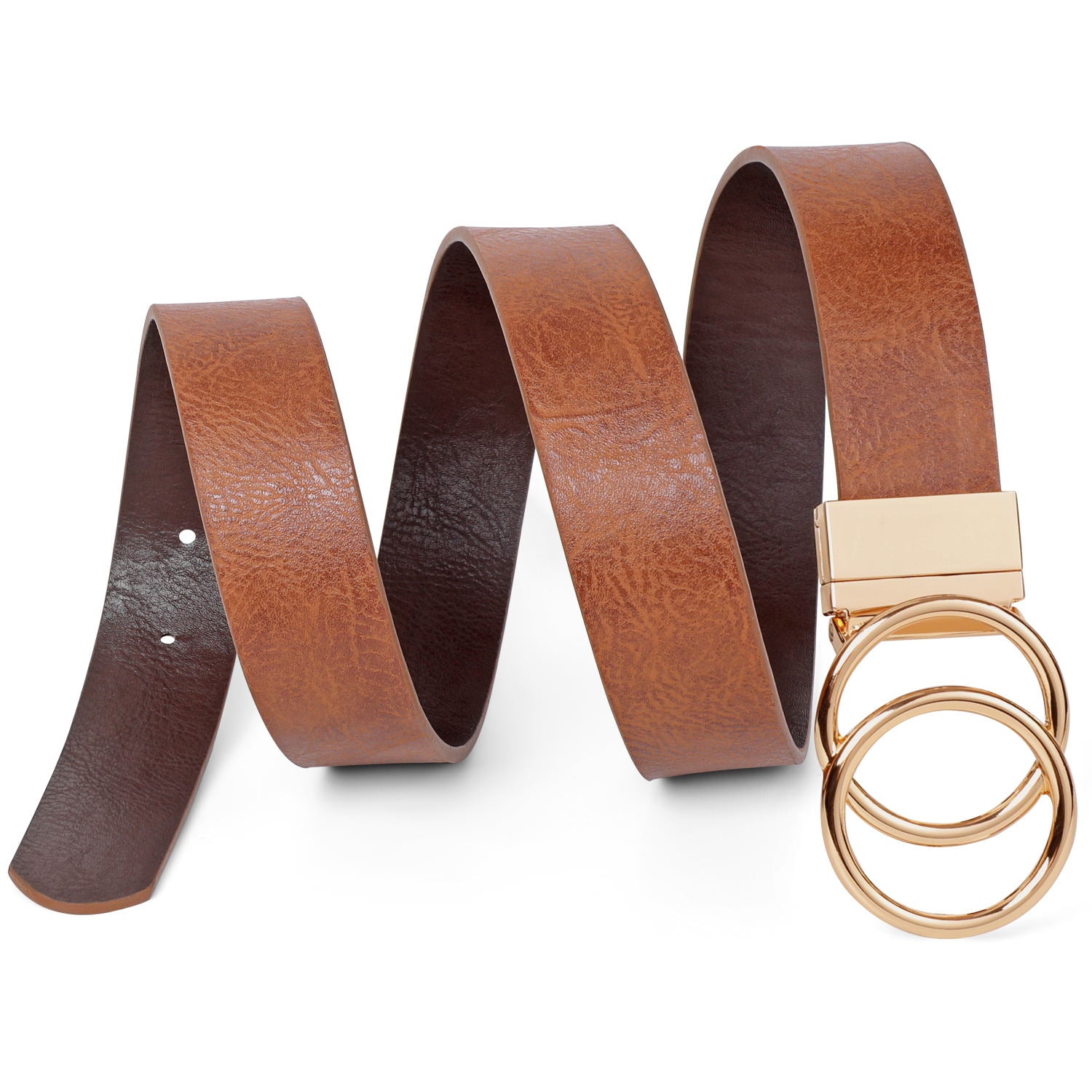 JASGOOD Women's belt with golden double O-ring rotating buckle, reversible belt, jeans belt leather belt