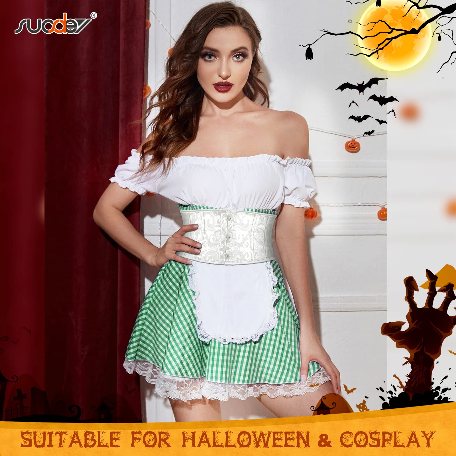Women's Jacquard Brocade Corset Waist Belt, Underbust Steel Boned Lace Up Satin Bustier Waspie Belt by Jasgood - JASGOOD OFFICIAL