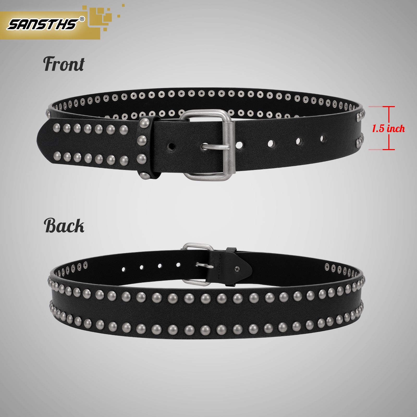 Punk Rivet Studded Belt Goth Row Pyramid Square Bead PU Leather Vintage Punk Rock Grommet Belt for Jeans Pants - JASGOOD OFFICIAL
