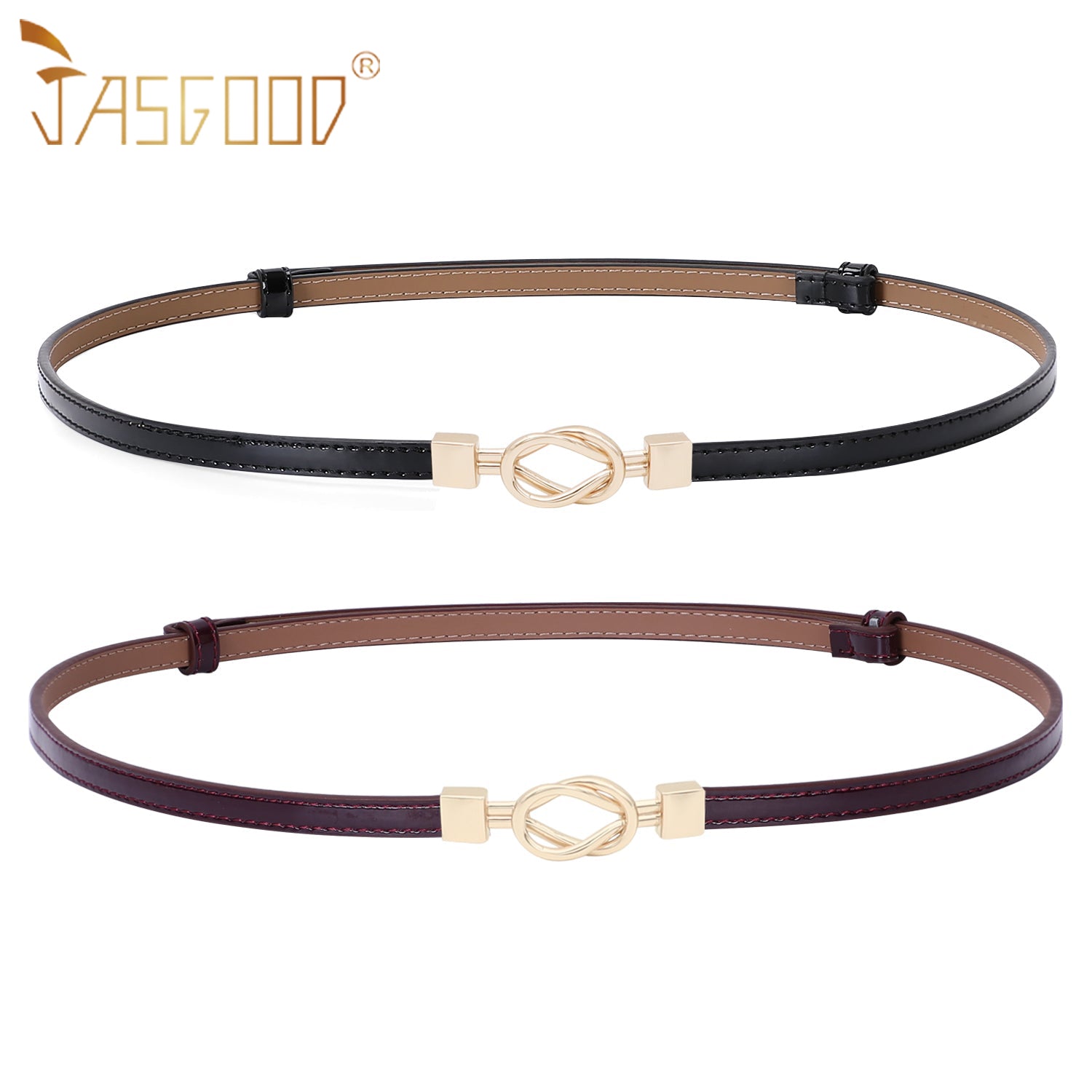 Leather Skinny Women Belt Thin Waist Belts for Dresses Up to 37" with Interlocking Buckle 2 Pack - JASGOOD OFFICIAL