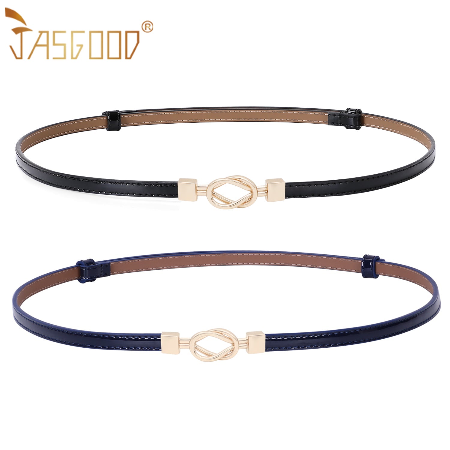 Leather Skinny Women Belt Thin Waist Belts for Dresses Up to 37" with Interlocking Buckle 2 Pack - JASGOOD OFFICIAL