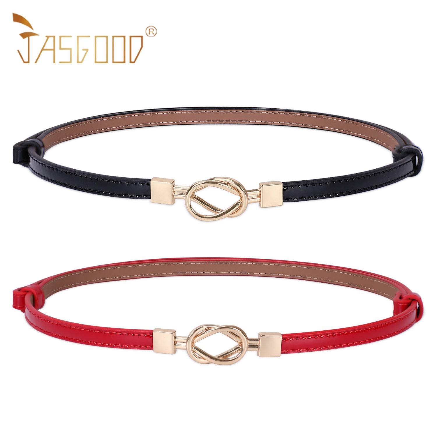 Leather Skinny Women Belt Thin Waist Belts for Dresses Up to 37" with Interlocking Buckle 2 Pack - JASGOOD OFFICIAL